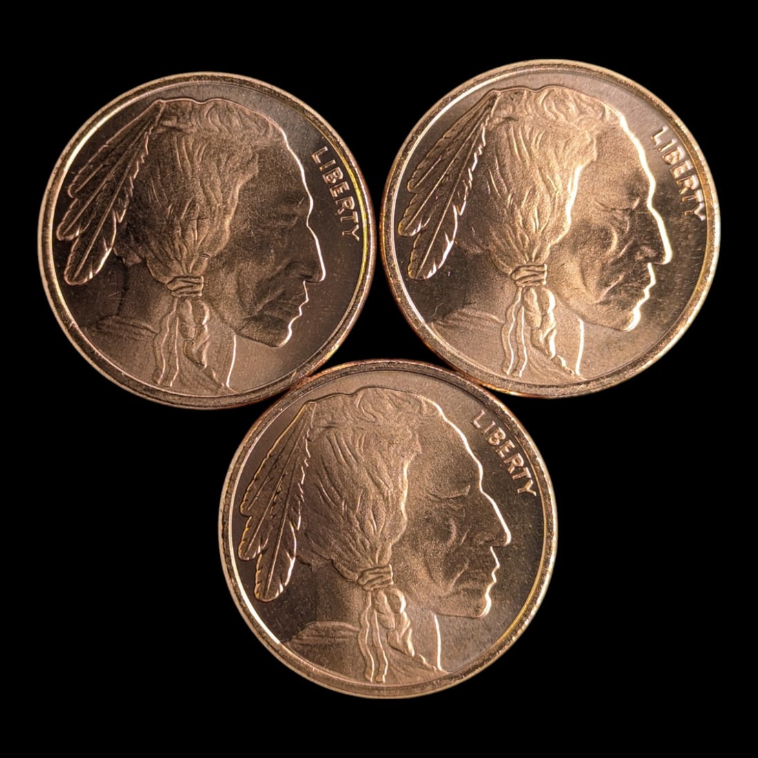 Lot of 3 - 1 Ounce (each) Fine .999 Copper Rounds - Buffalo (1 of 2)