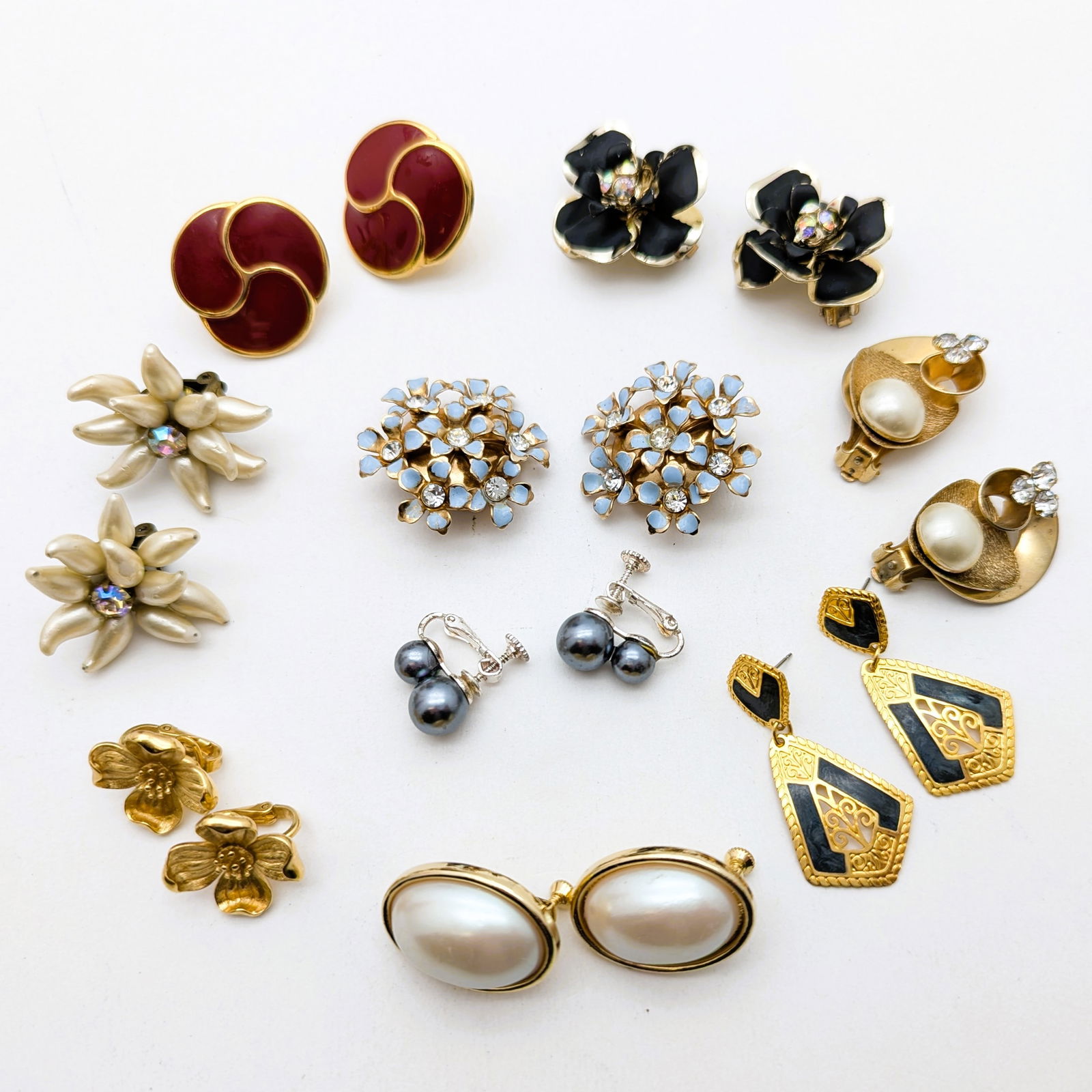 Lot of 9 Pairs of Ladies Earrings - Trifari, Napier, Western Germany - Mostly gold tone (1 of 14)