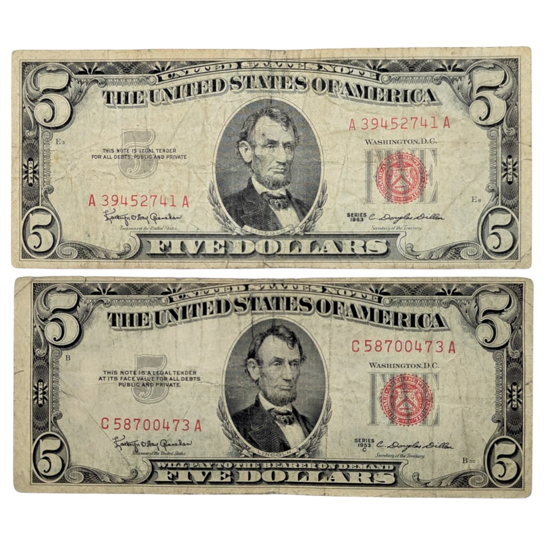 Lot of 2 - $5 Notes - 1963, 1953-C - Red Seals (1 of 2)