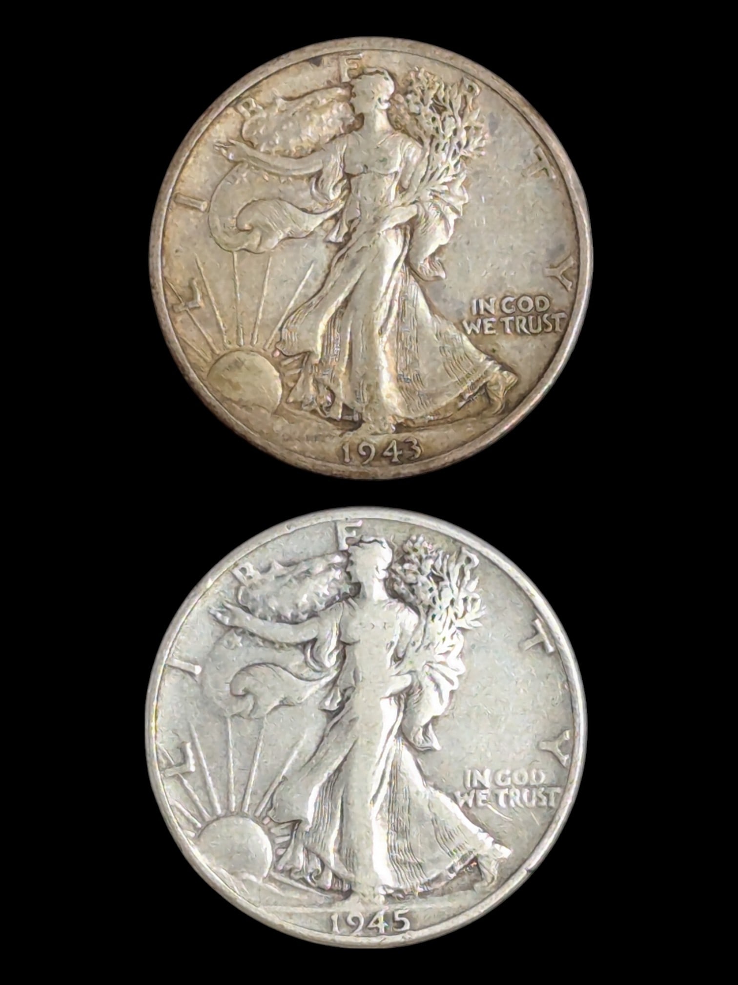 Lot of 2 Silver Walking Liberty Half Dollars - 1943-D, 1945 (1 of 2)