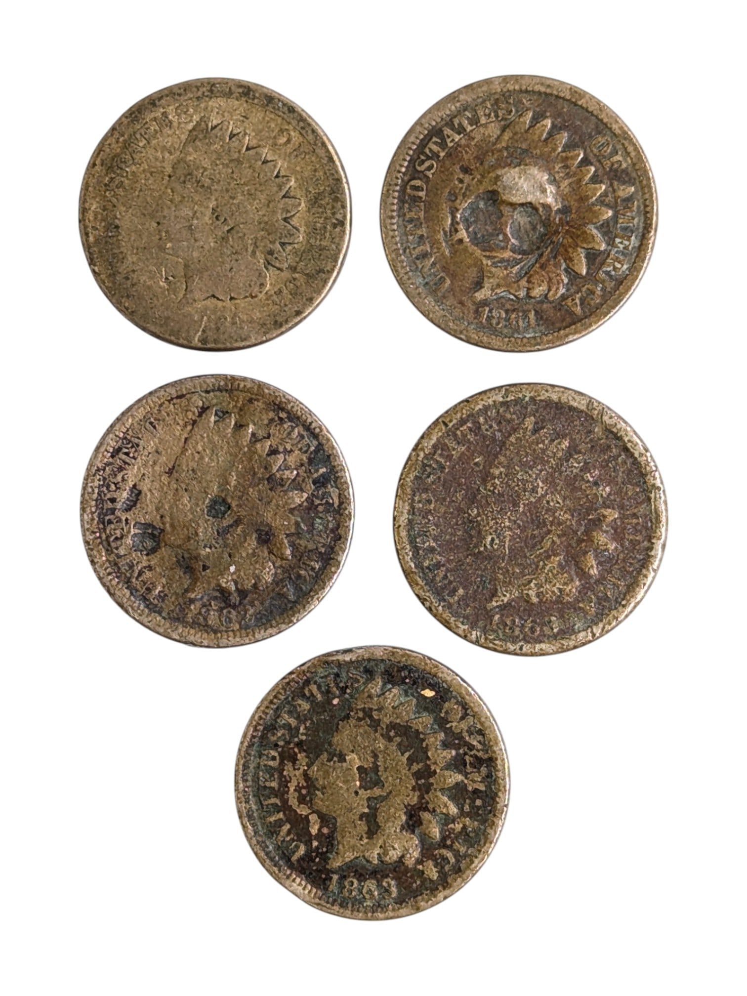 Lot of 5 Indian Head Cents - 1860s: Good Dates. Details/Poor Condition