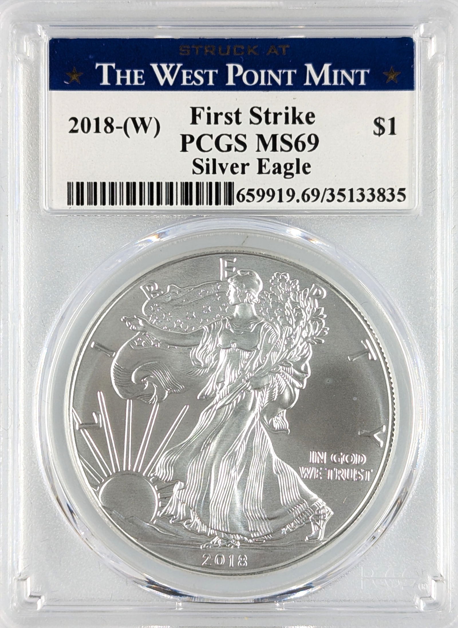 PCGS 2018-W MS69 American Silver Eagle Dollar - First Strike - West Point Mint (1 of 2)