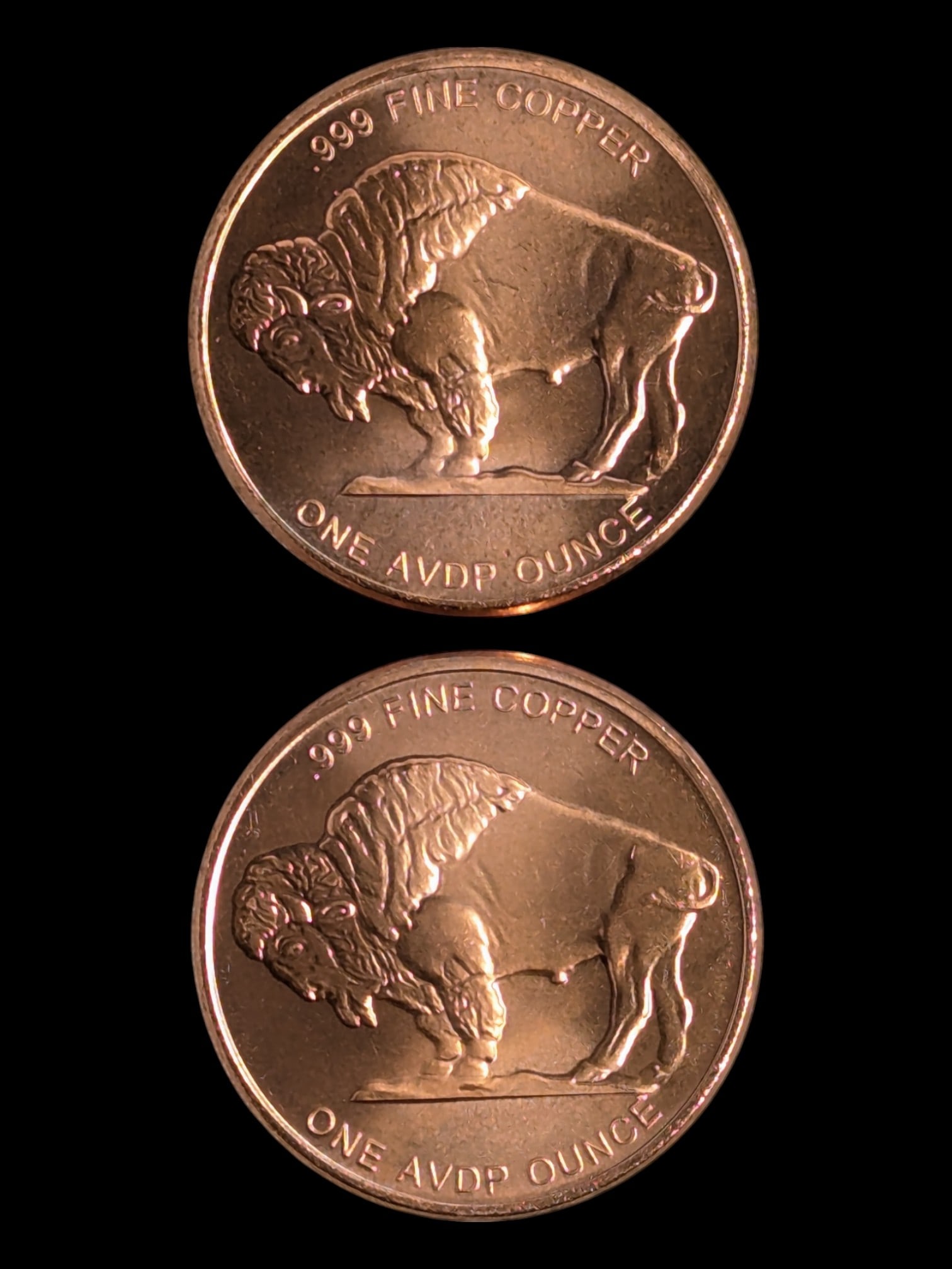 Lot of 2 - 1 Ounce (each) Fine .999 Copper Rounds - Buffalo (1 of 2)