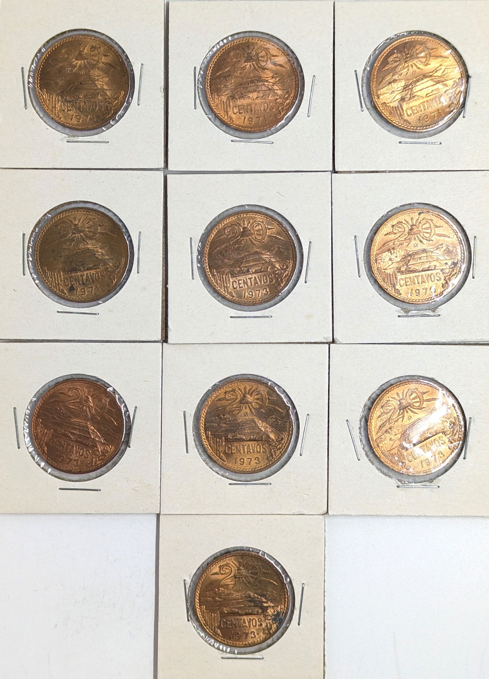 Lot of 10 Uncirculated Mexico 20 Centavos - 1970s (1 of 2)