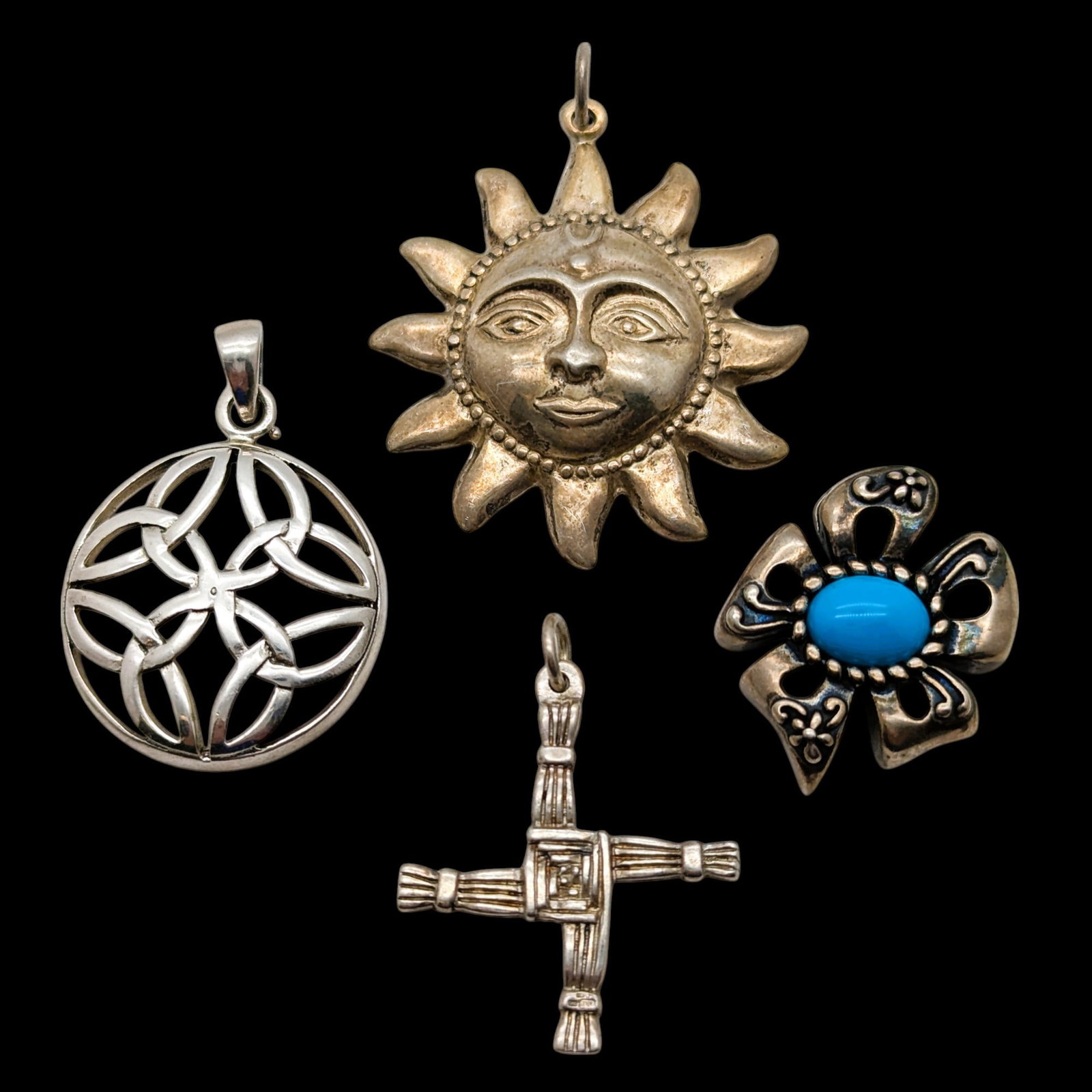 Lot of 4 Sterling Silver Pendants - Sun, Celtic Knot, Flower, etc.: Jewelry