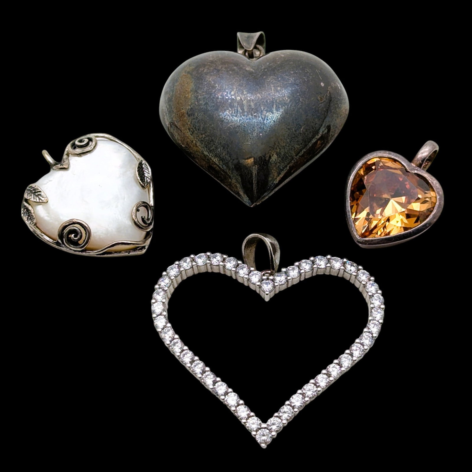 Lot of 4 Sterling Silver Heart Pendants: Jewelry