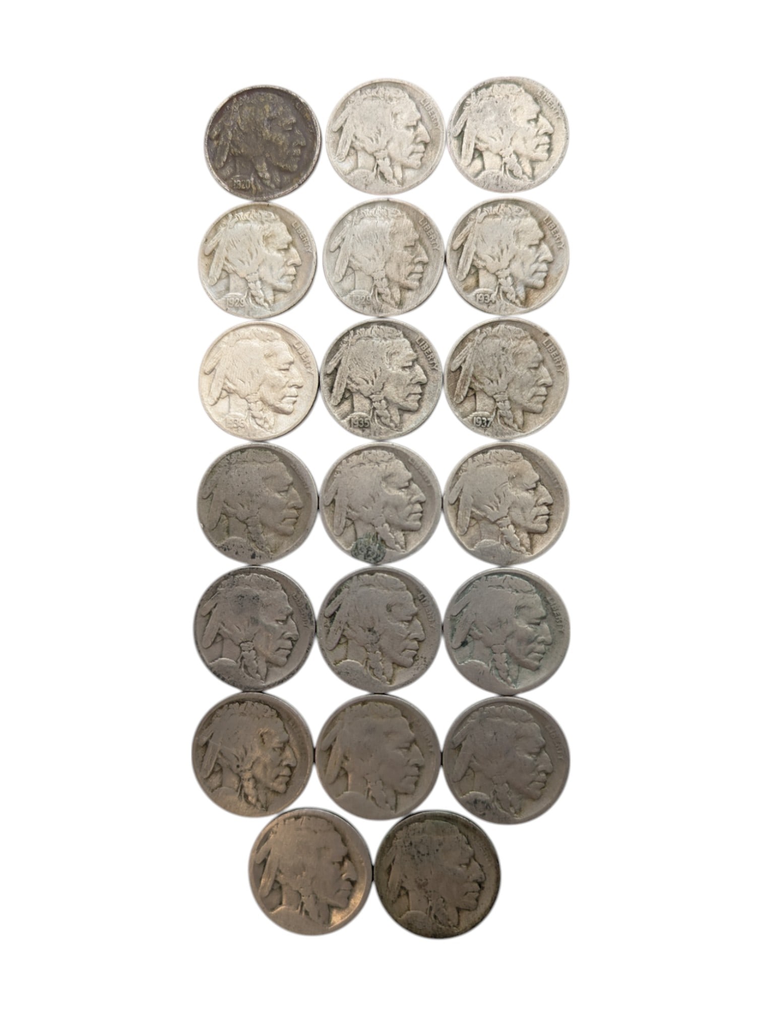 Lot of 20 Buffalo Nickels - 1920-1937: Full & No dates