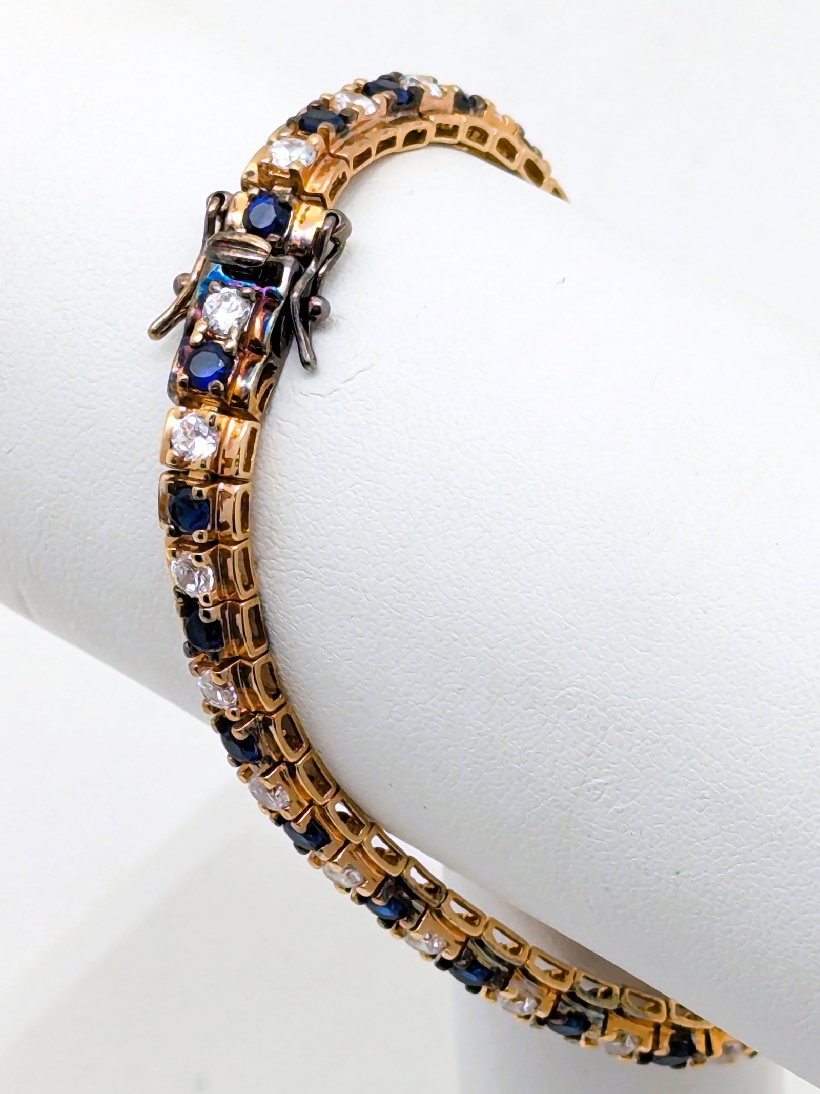 Sterling Silver Gold tone Blue & White Ladies Tennis Bracelet: Length: 6-7in