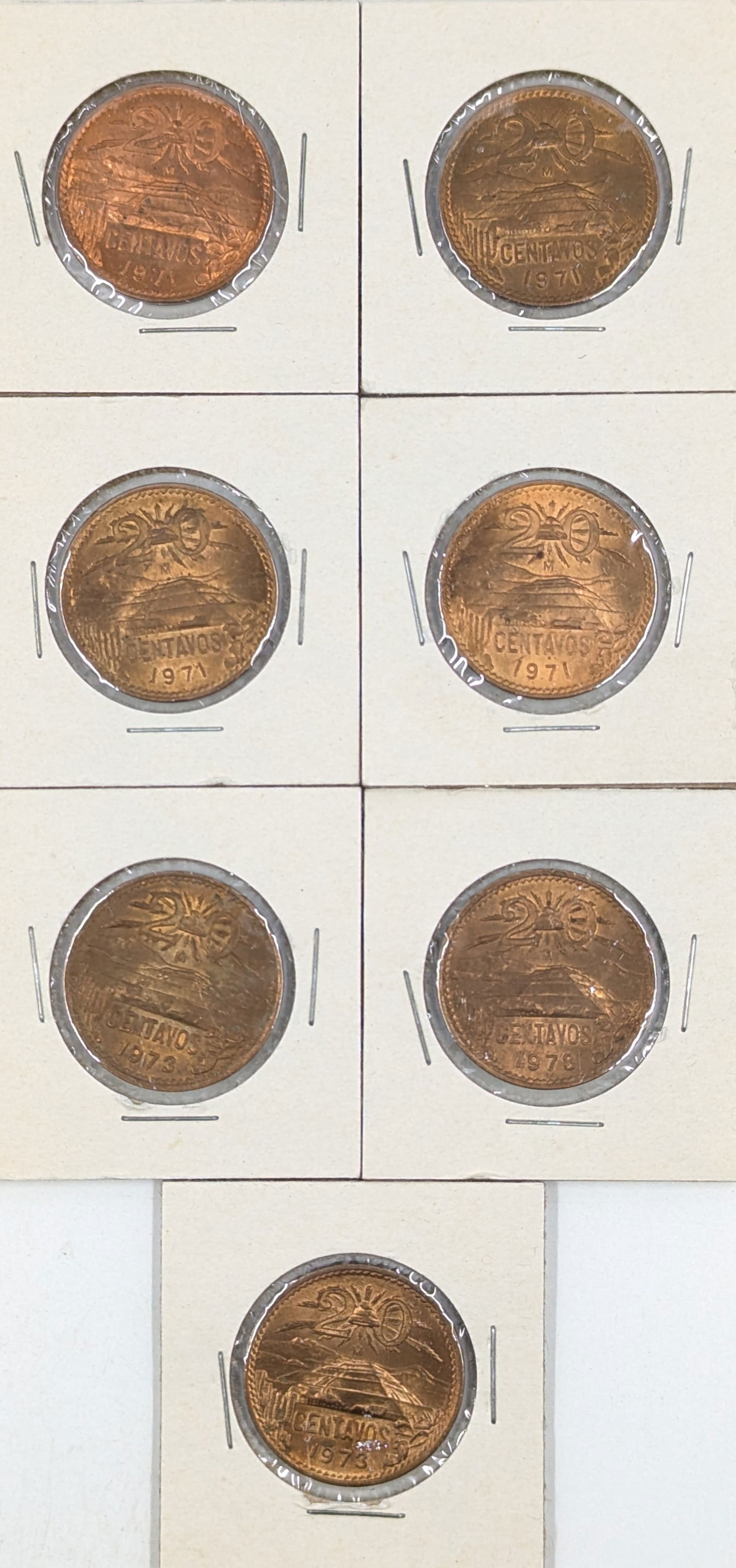 Lot of 7 Uncirculated Mexico 20 Centavos - 1970s (1 of 2)