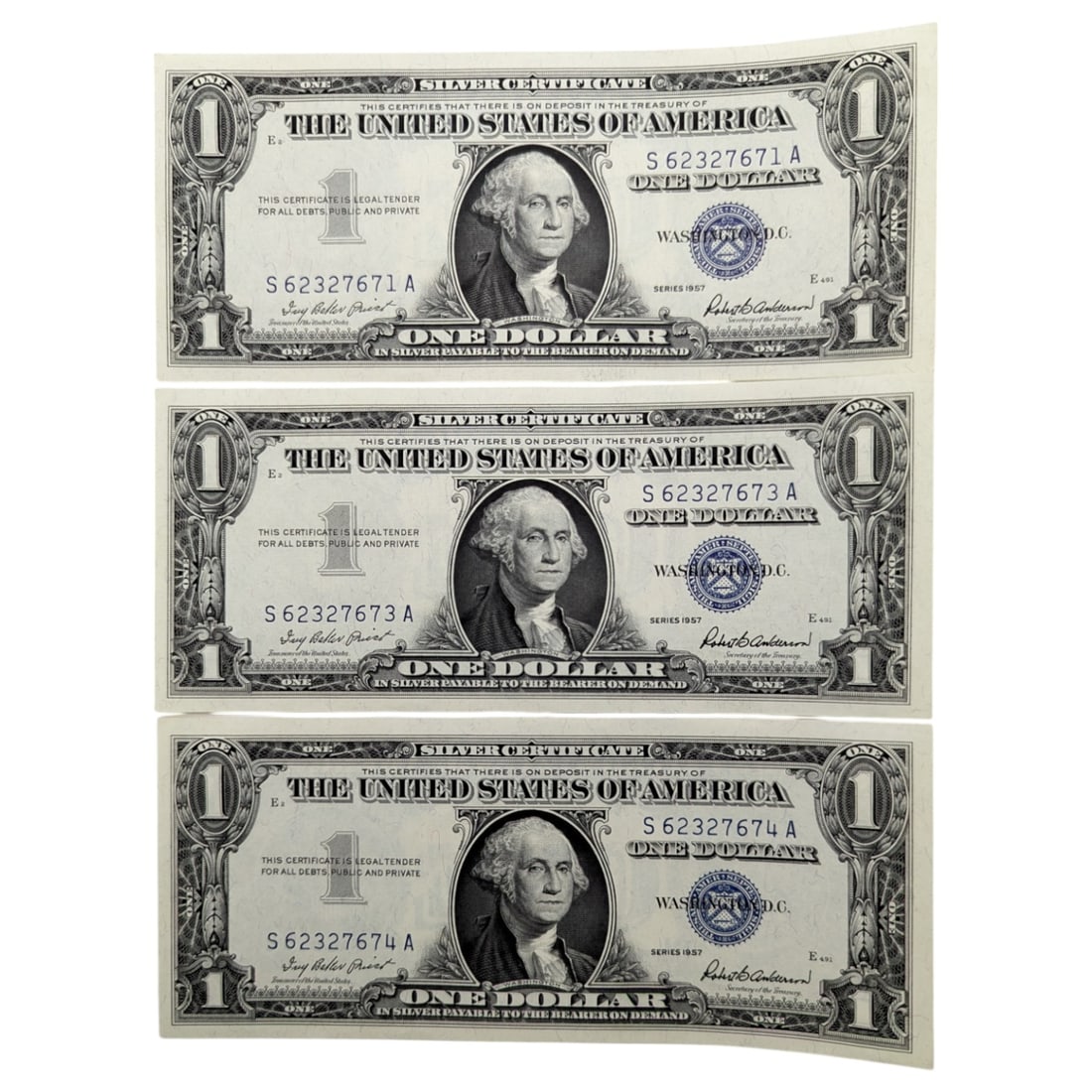 Lot of 3 1957 $1 Notes - Silver Certificates - 2 Consecutive - Crisp, AU (1 of 2)