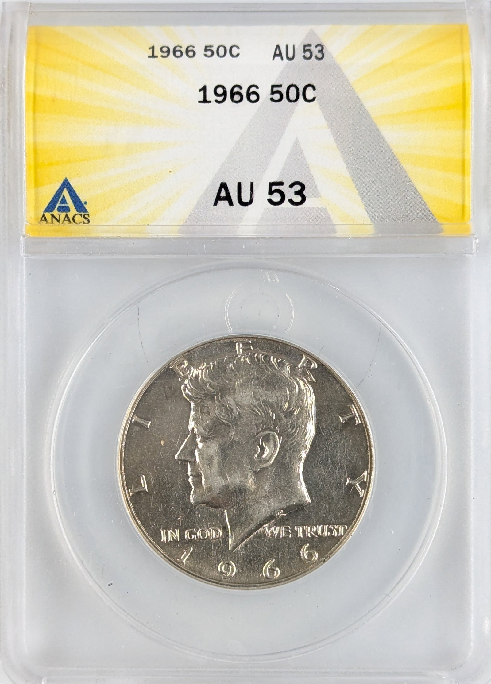 ANACS 1966 AU 53 Silver John F Kennedy Half Dollar: 40% Silver
