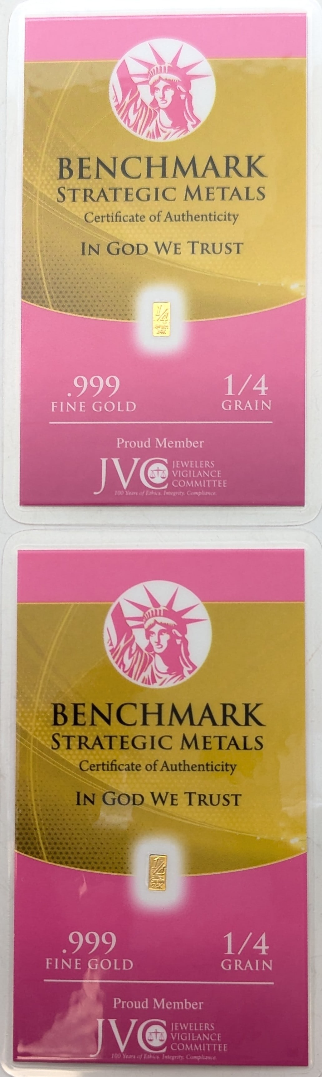 Lot of 2 - 1/4 grain (each) .999 Fine Gold - Benchmark Strategic Metals: Gold