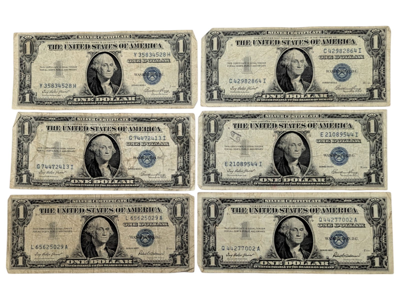 Lot of 6 $1 Notes - Silver Certificates - 1935 or 1957 (1 of 2)