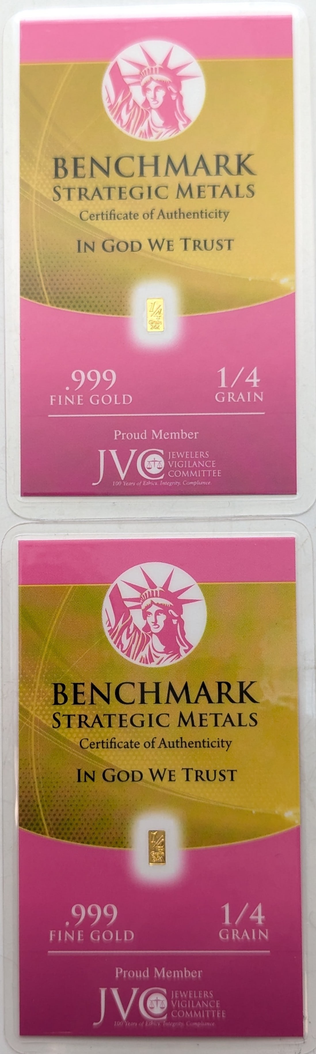 Lot of 2 - 1/4 grain (each) .999 Fine Gold - Benchmark Strategic Metals: Gold