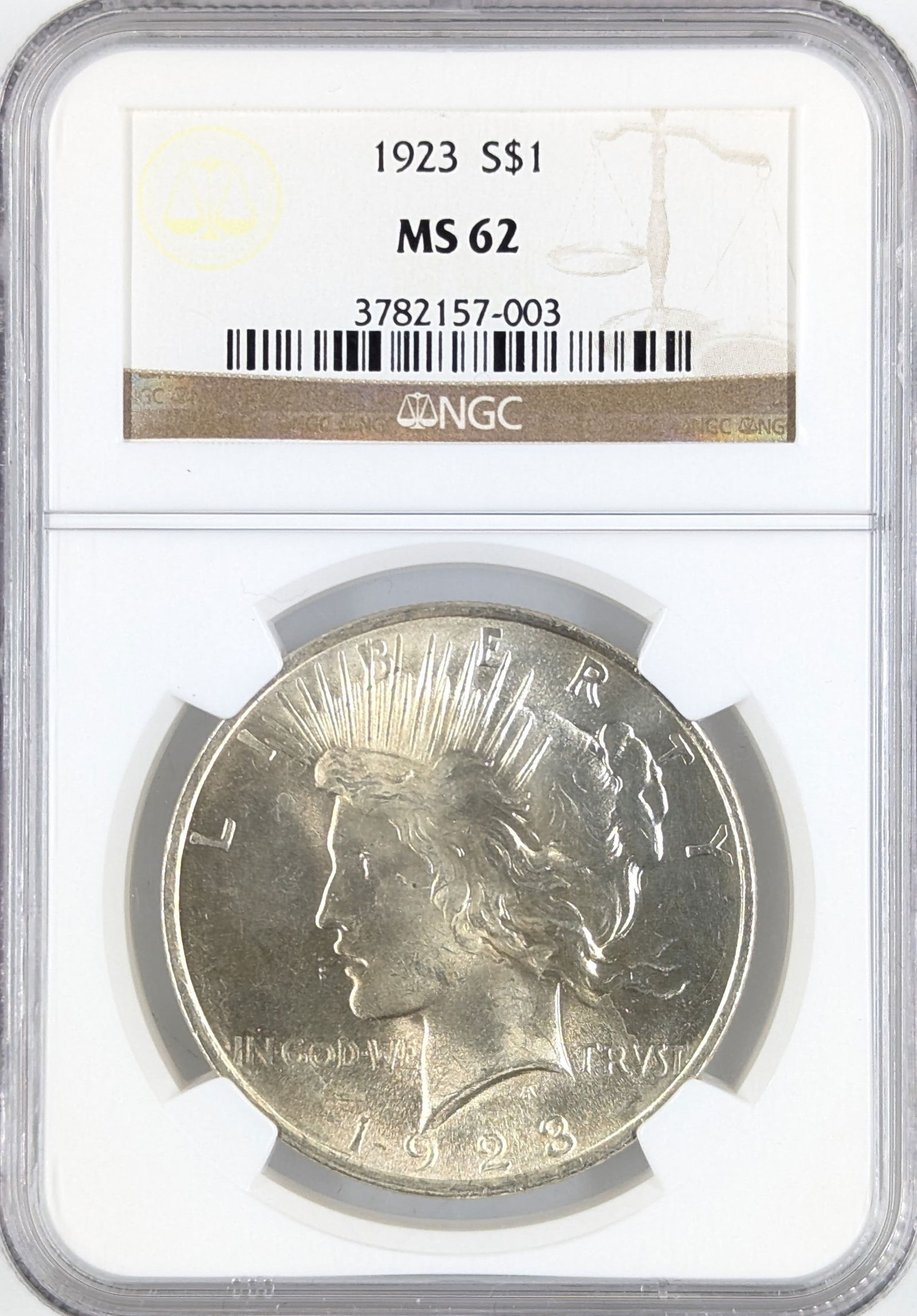 NGC 1923 MS62 Silver Peace Dollar: Silver