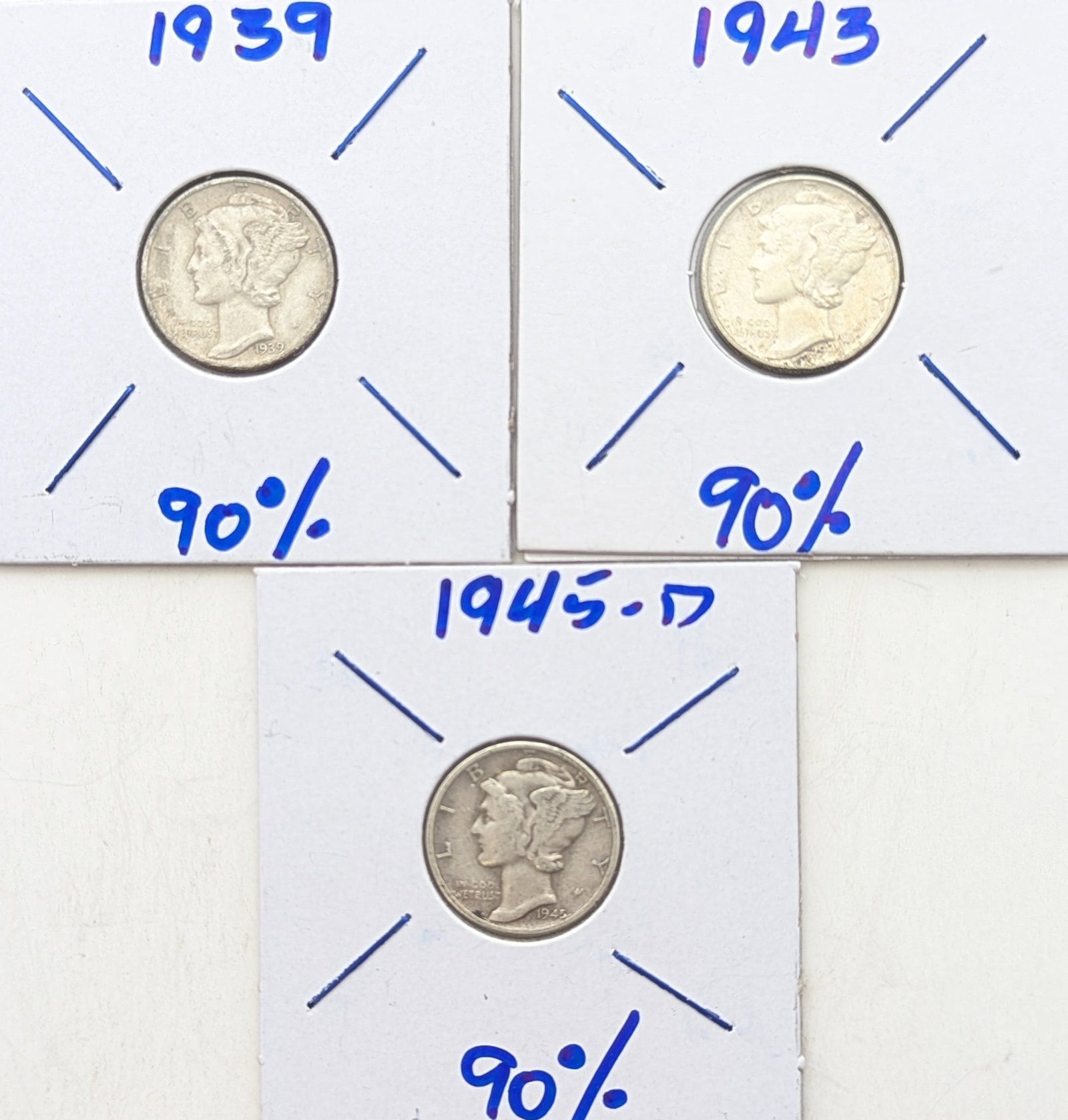 Lot of 3 Silver Mercury Dimes - 1939, 1943, 1945-D: Silver