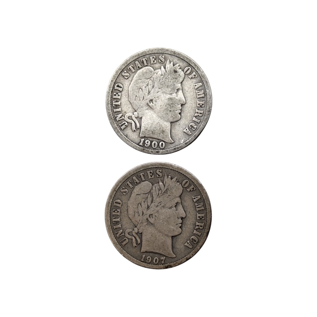 Lot of 2 Silver Barber Dimes - 1900, 1907 (1 of 2)