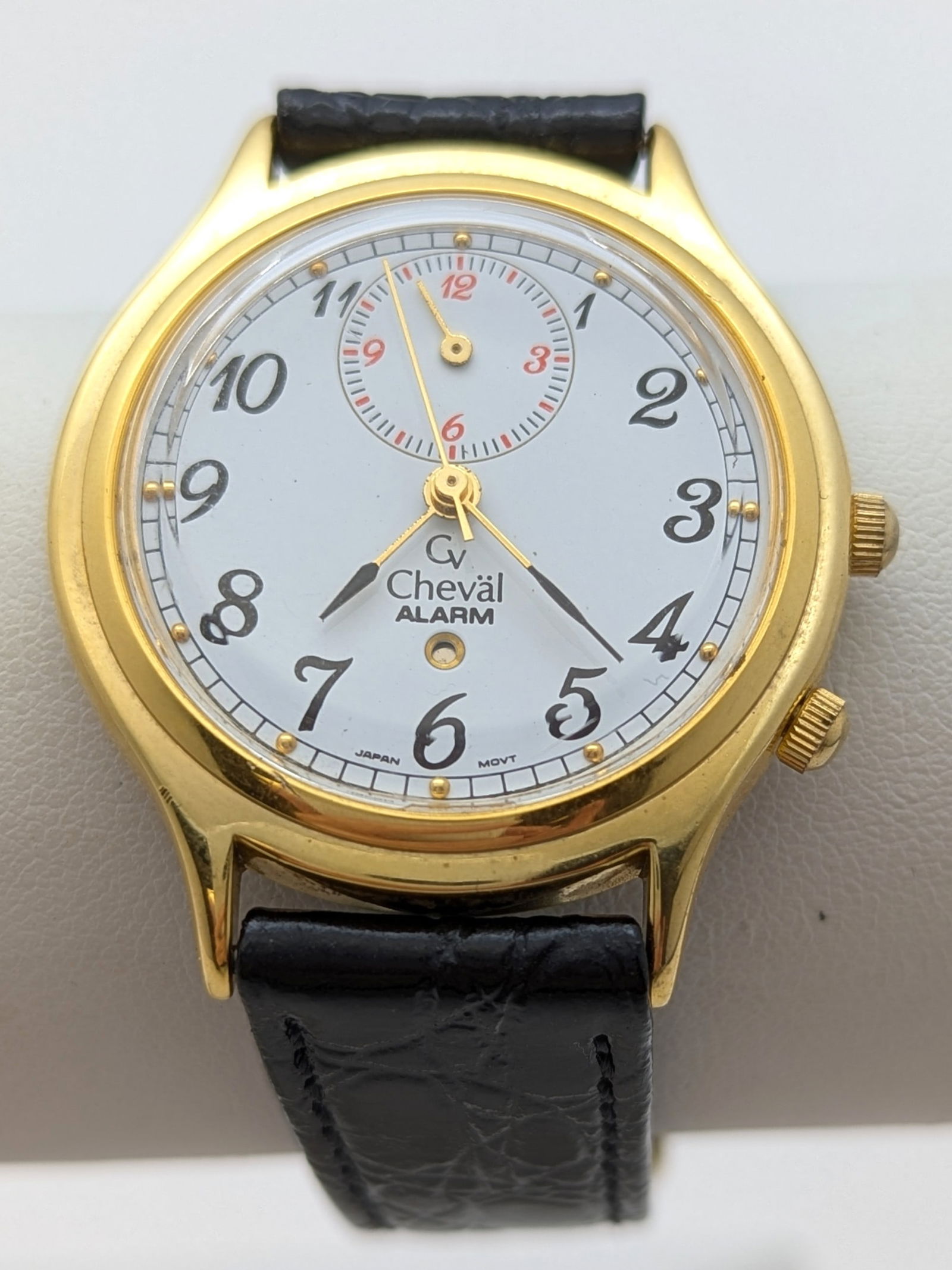 Cheval Classic Gold tone with Black Leather Band Quartz Watch - Works!: Jewelry