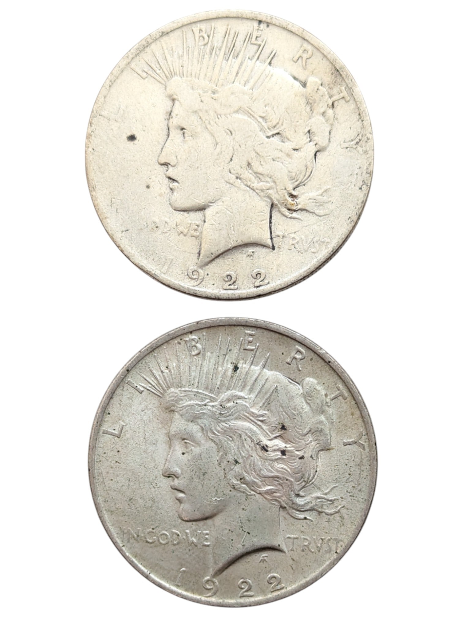 Lot of 2 Silver Peace Dollars - 1922-D, 1922 (1 of 2)