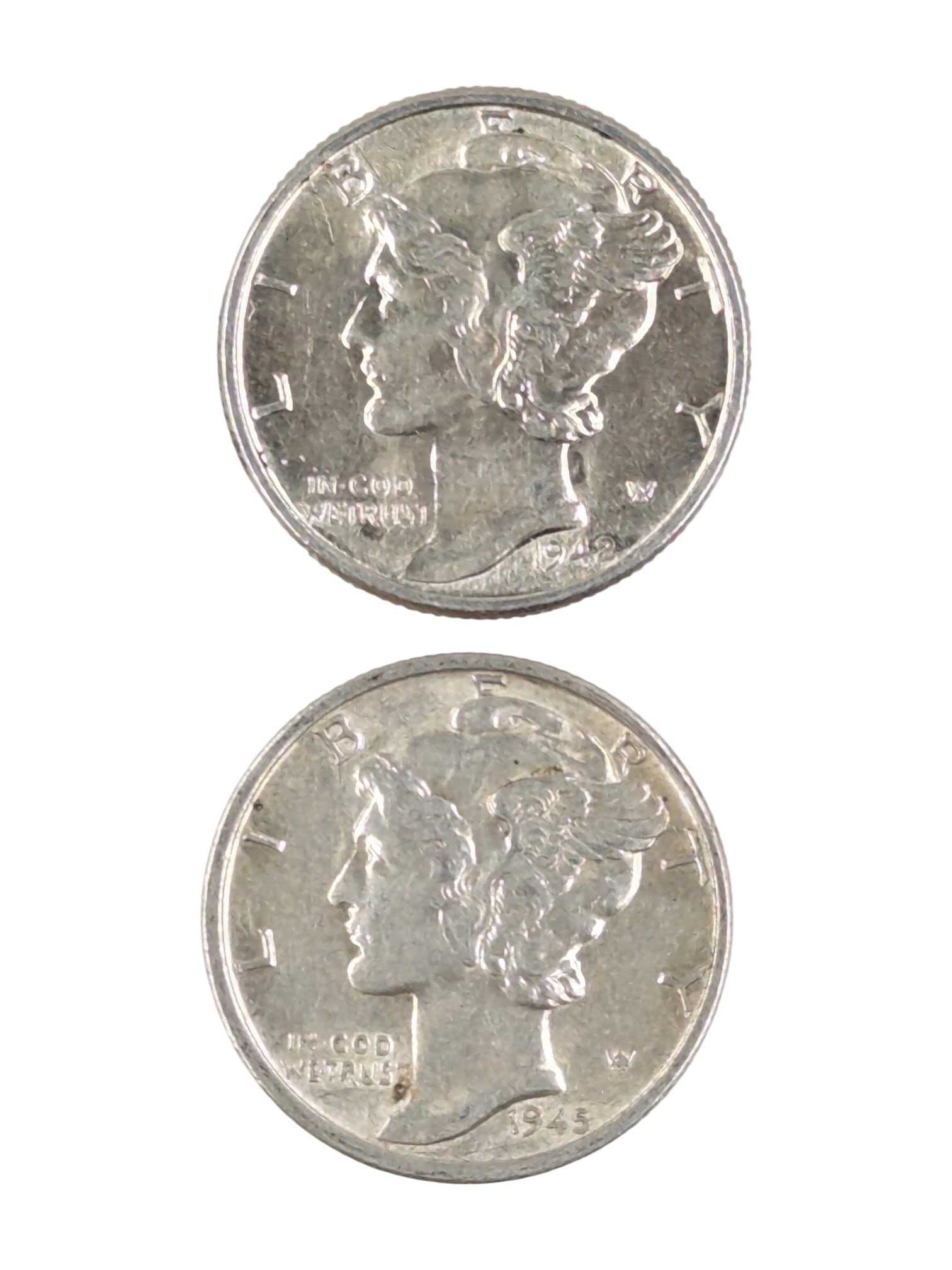 Lot of 2 Silver Mercury Dimes - 1942, 1945-S: Silver