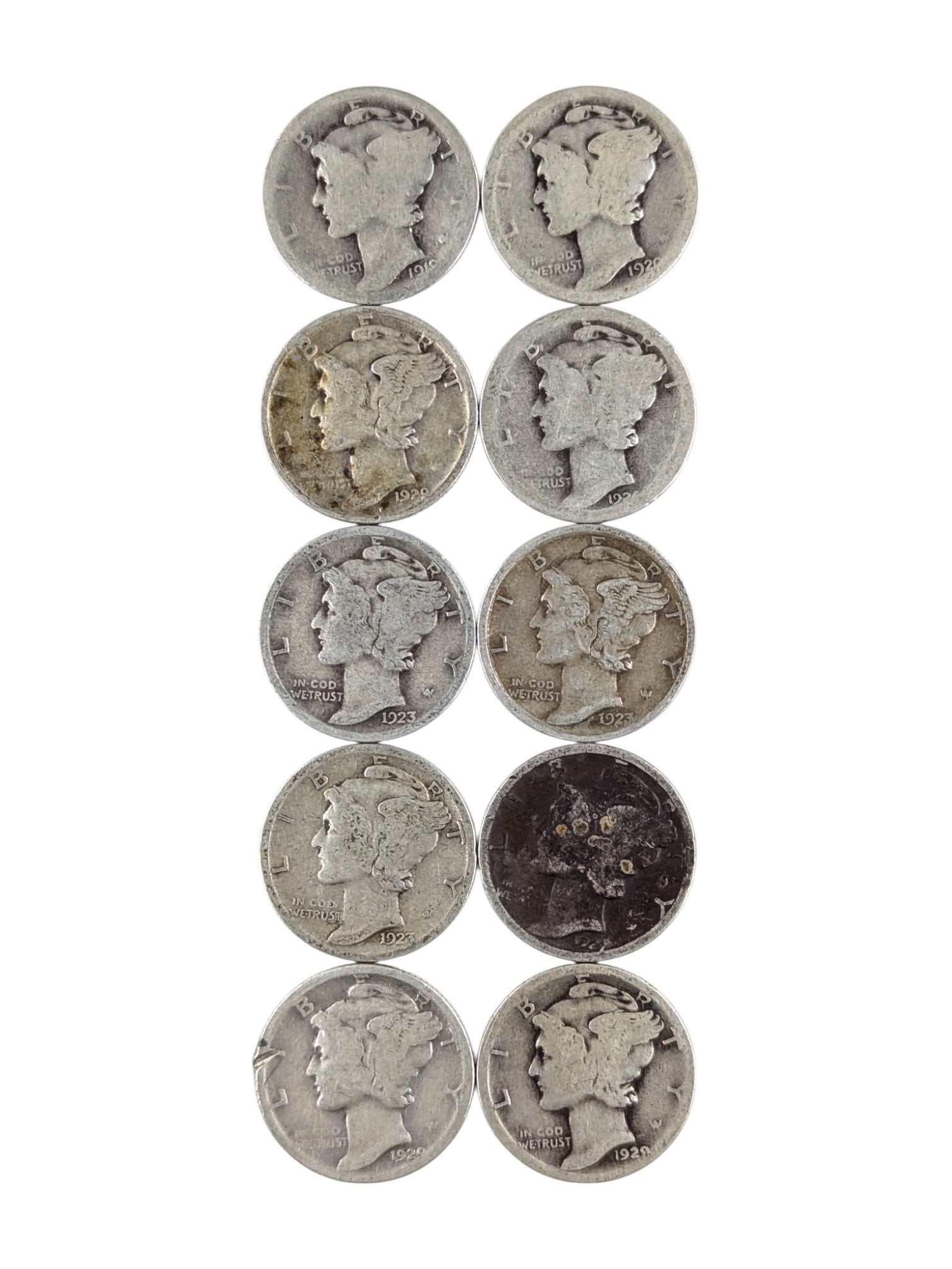 Lot of 10 Silver Mercury Dimes - 1920-1929: Silver