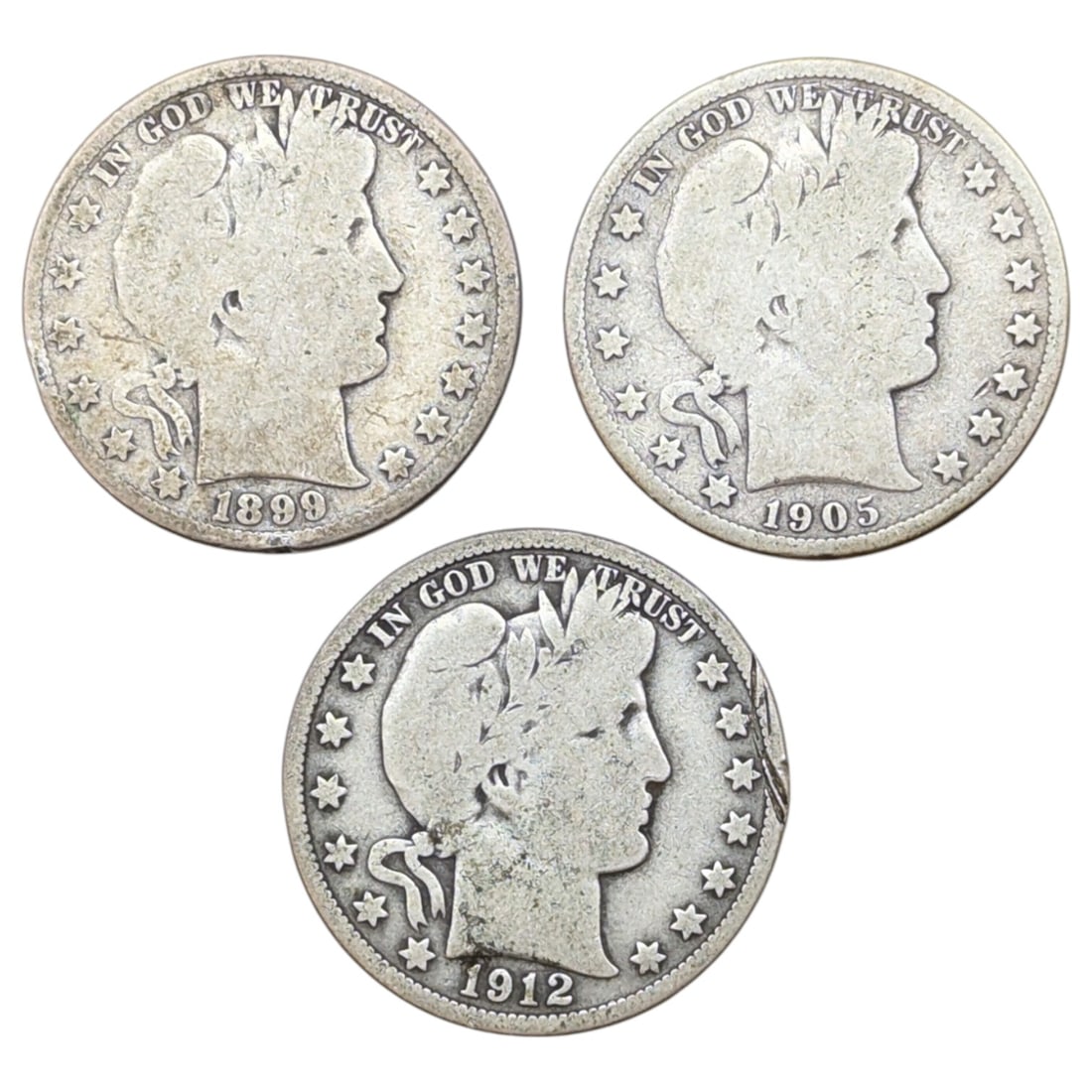 Lot of 3 Silver Barber Half Dollars - 1899, 1905-S, 1912 (1 of 2)