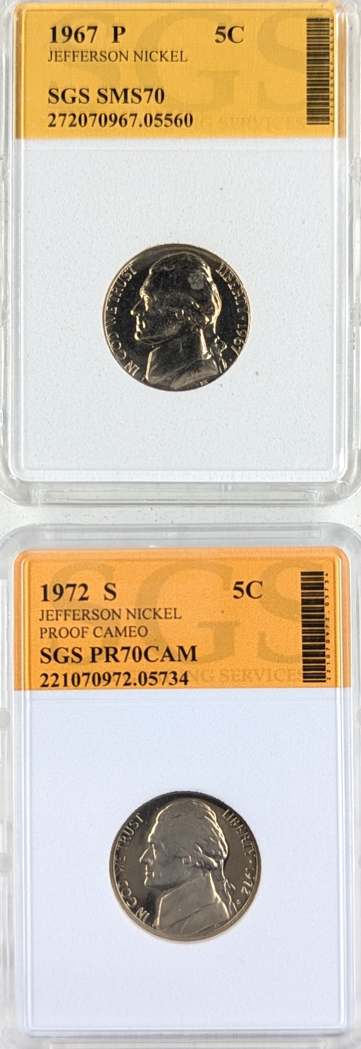 Lot of 2 SGS Jefferson Nickels - 1967-P SMS70 & 1972-S PR70 CAM: Coin