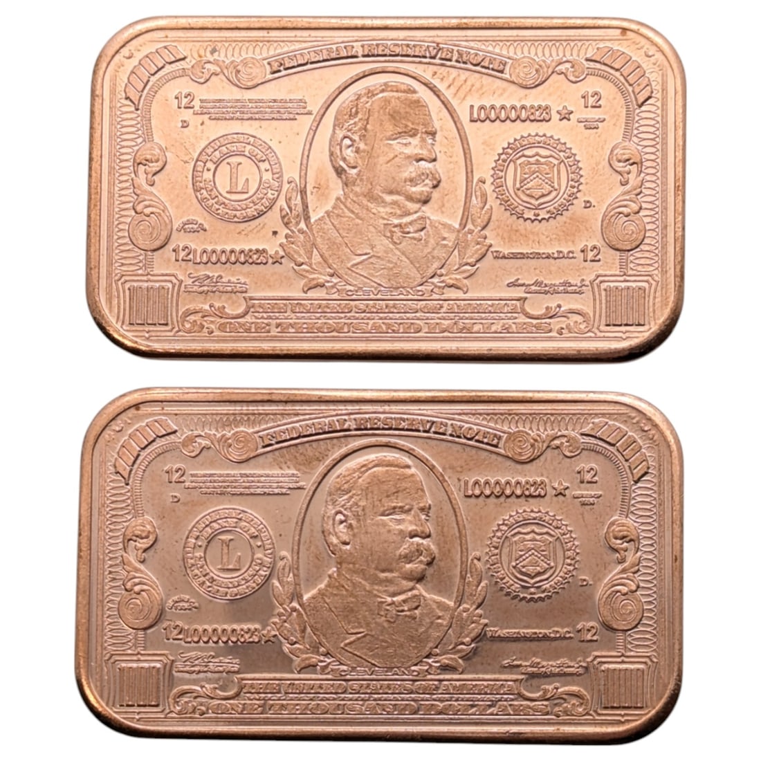 Lot of 2 - Grover Cleveland 1 Ounce (each) .999 Copper Bars: Copper