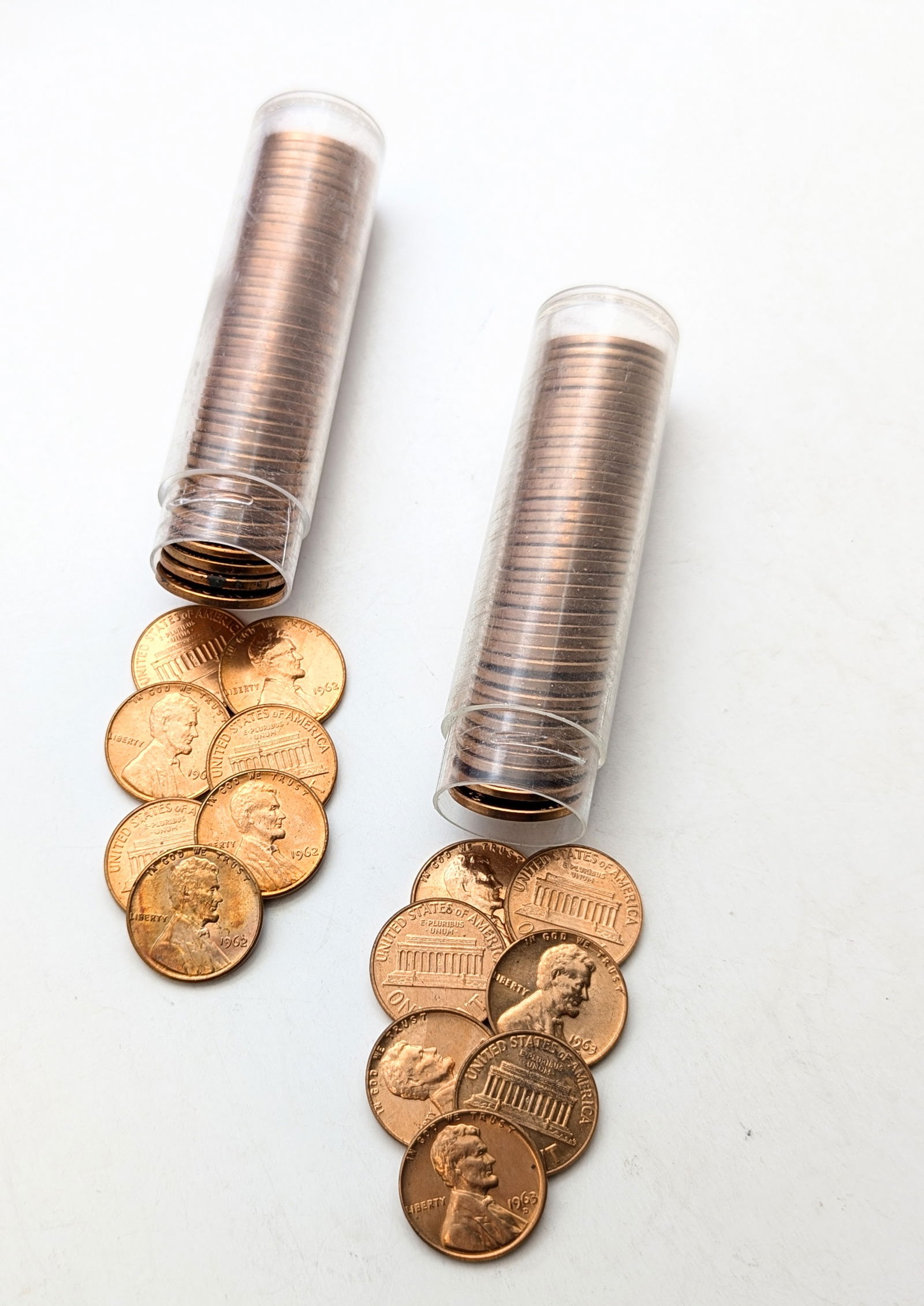 Lot of 2 rolls BU Lincoln Cent BU Rolls - 1962 and 1963D (1 of 3)