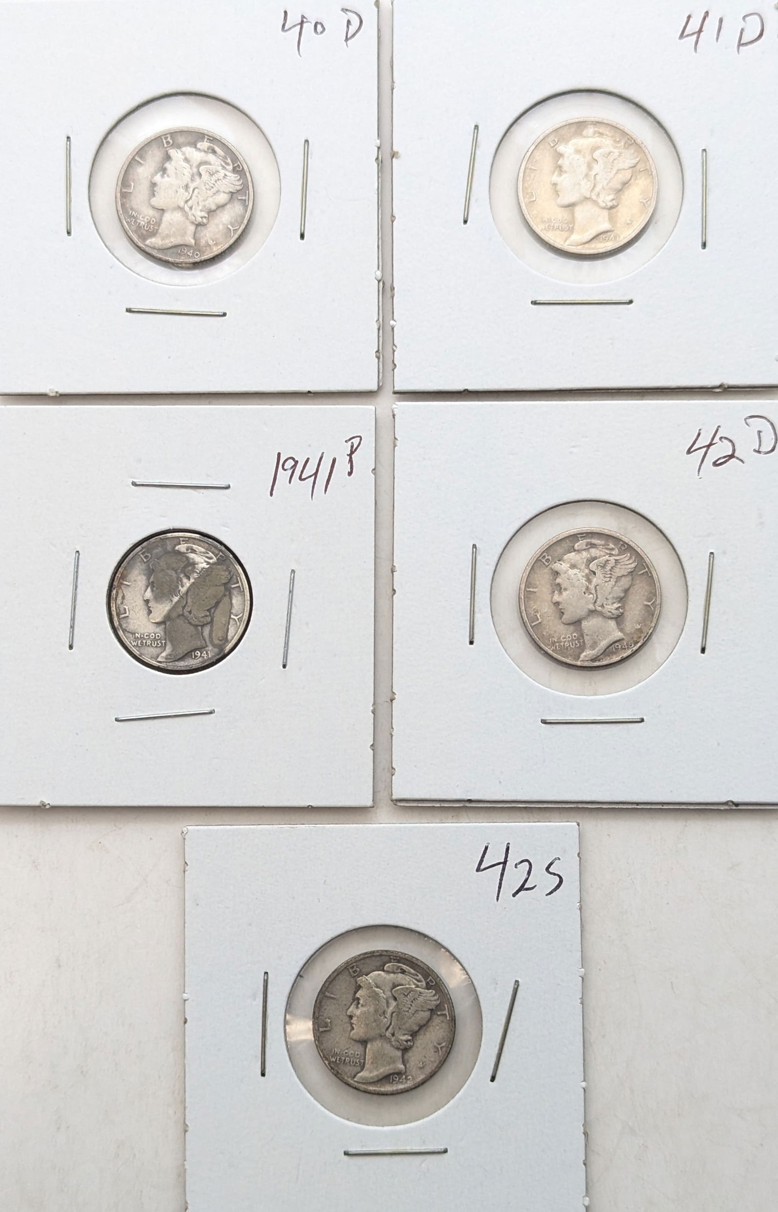 Lot of 5 Silver Mercury Dimes - 1940-1942 (1 of 2)