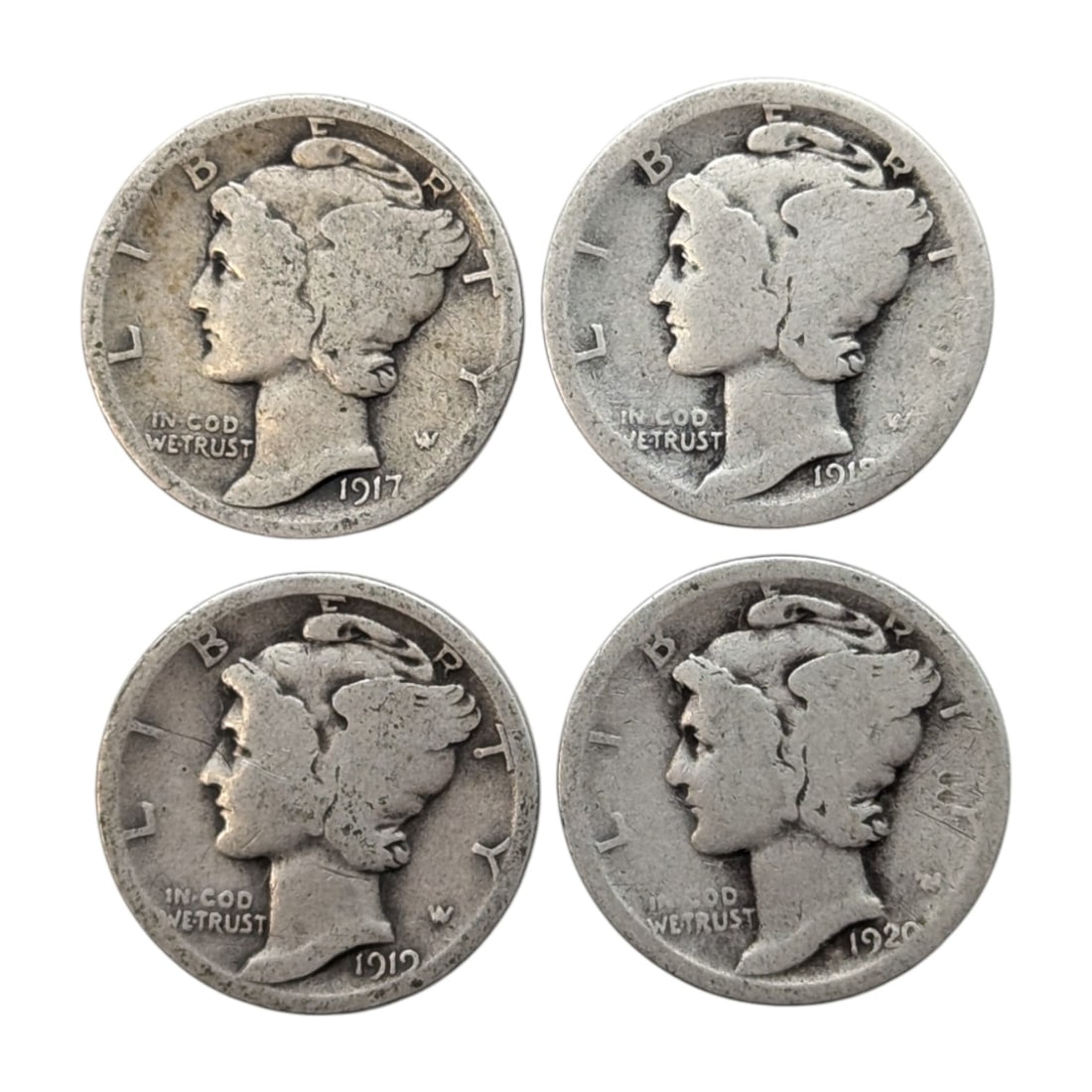 Lot of 4 Silver Mercury Dimes - 1917, 1918, 1919, 1920 (1 of 2)
