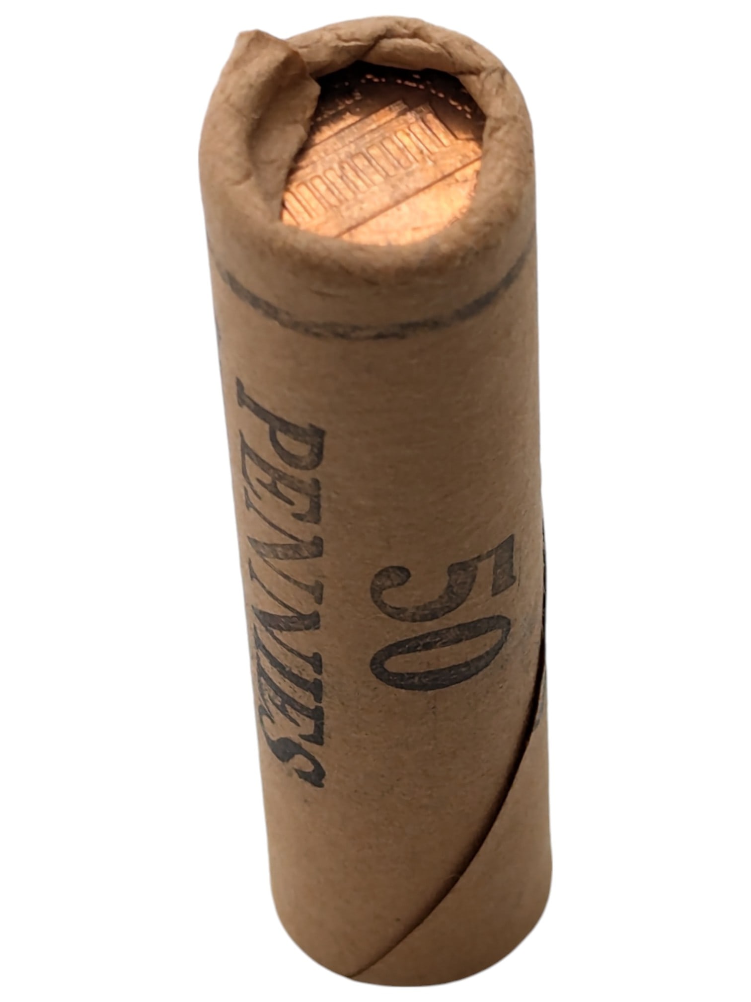 Original Bank Roll of 50 - 196? Lincoln Cents: Date unknown due to both ends of roll have reverse side of coin shown.
