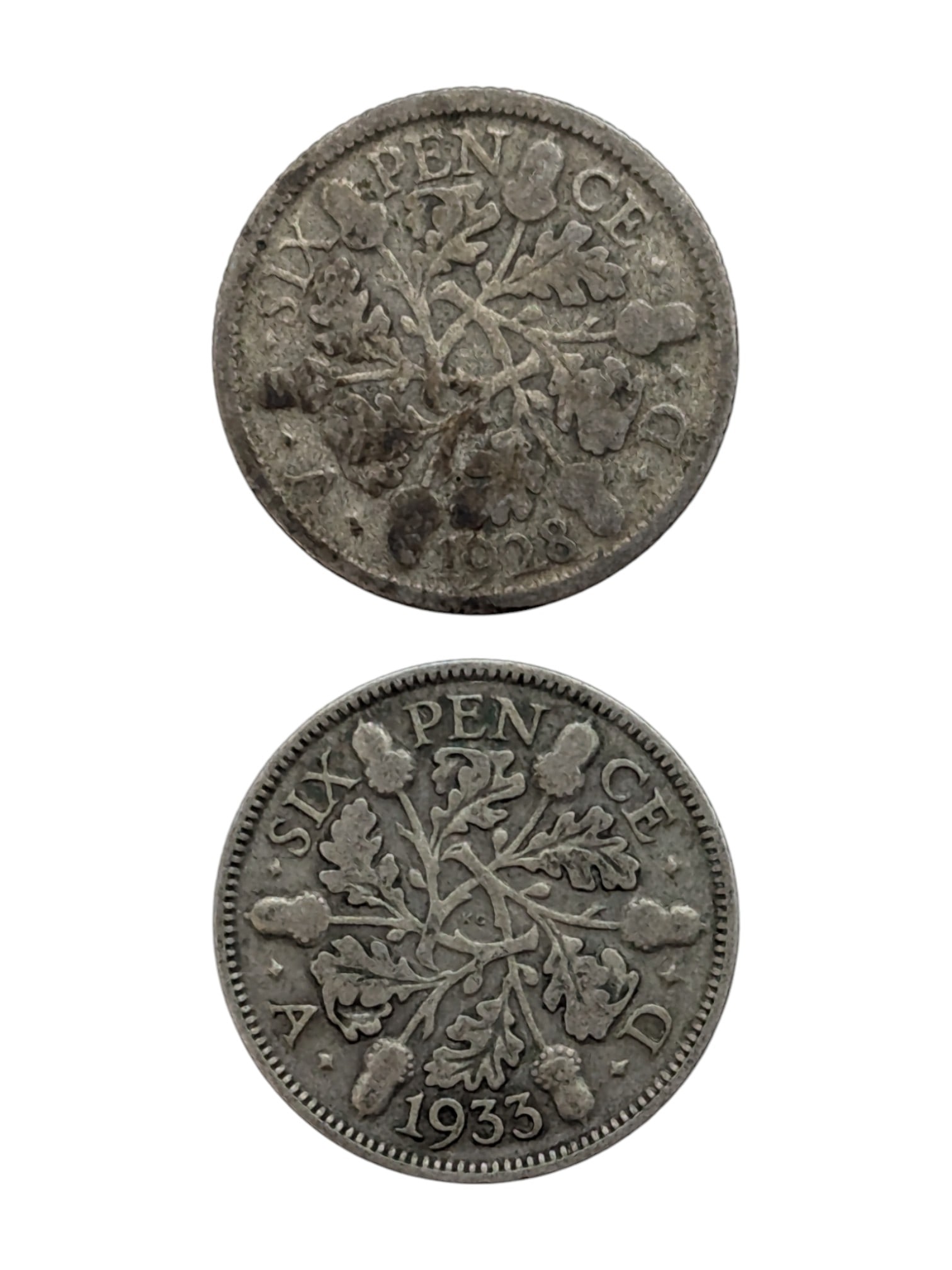 Lot of 2 UK Sixpence - 1928, 1933: 50% Silver