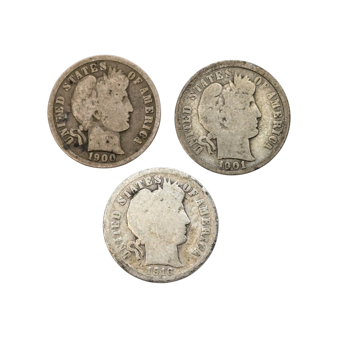 Lot of 3 Silver Mercury Dimes - 1900, 1901-O, 1916: Silver