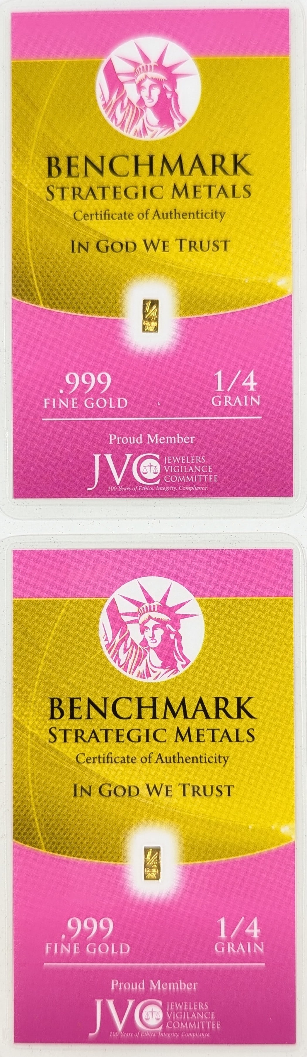 Lot of 2 - 1/4 grain (each) .999 Fine Gold - Benchmark Strategic Metals: Gold