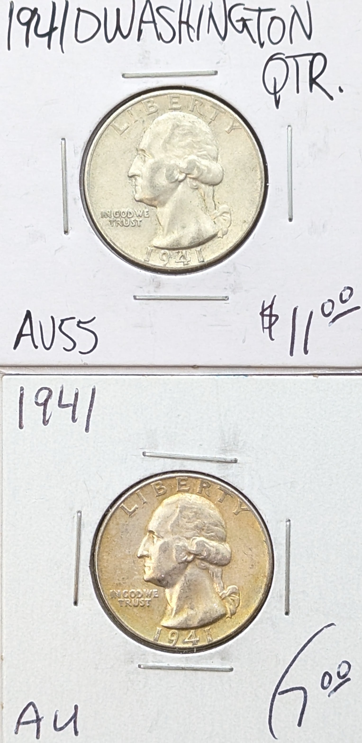 Lot of 2 Silver Washington Quarters - 1941-D, 1941 (1 of 2)