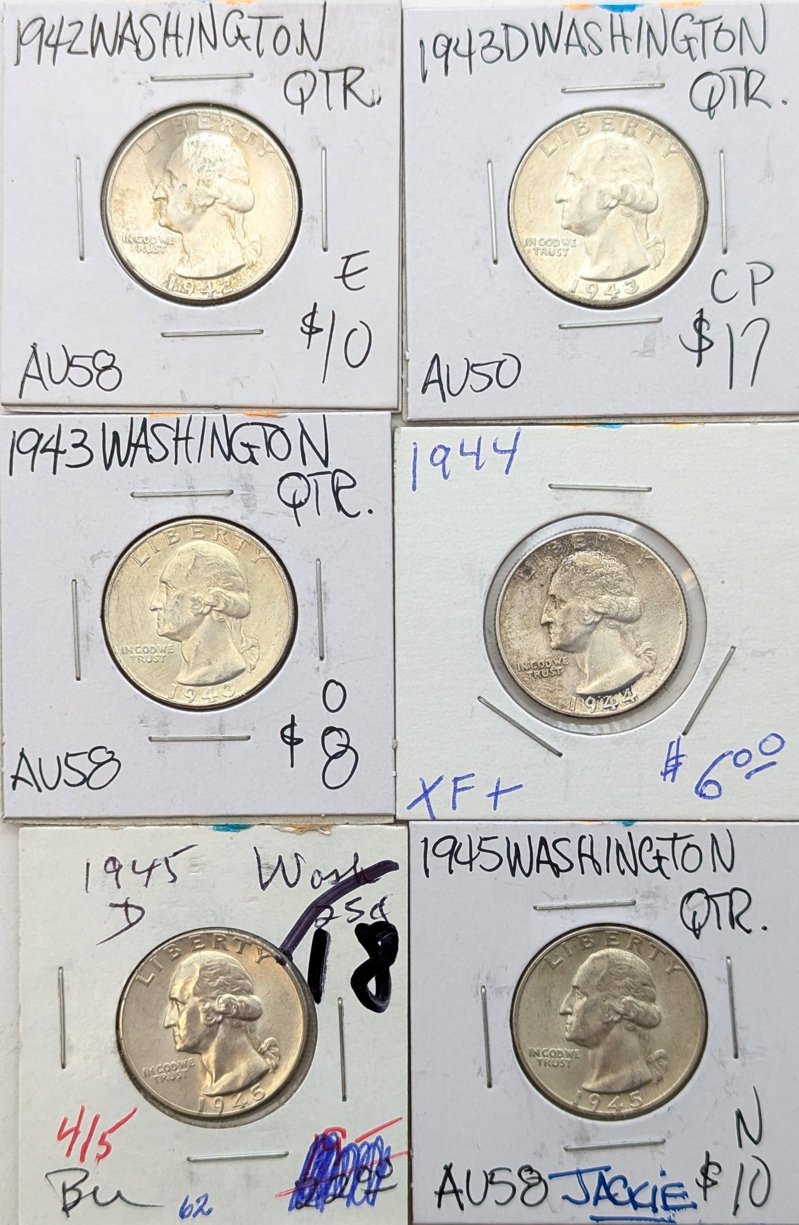 Lot of 6 Silver Washington Quarters - 1942-1945 (1 of 2)