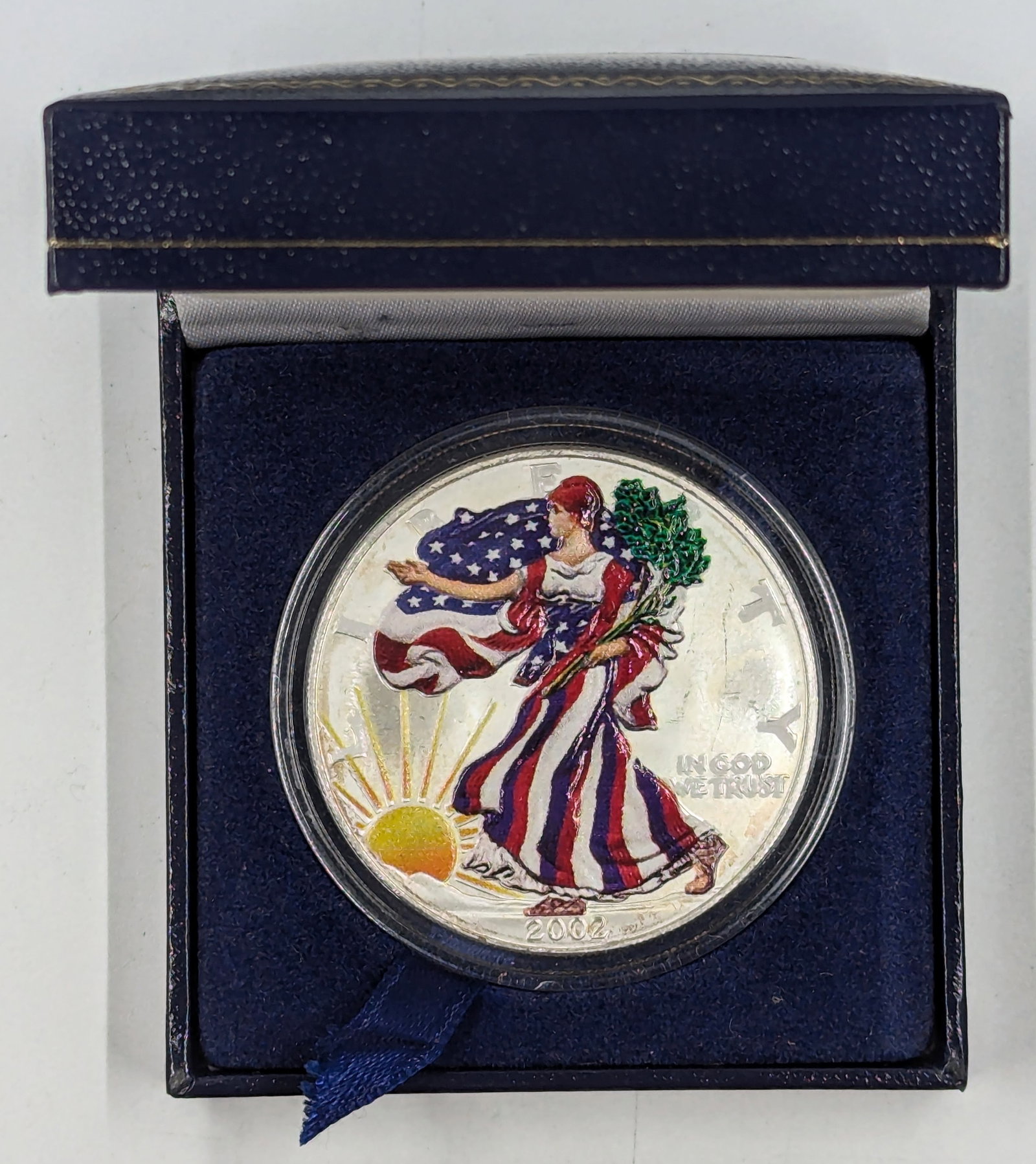 Colorized 2002 American Silver Eagle in Original box and Hard Case: Coin