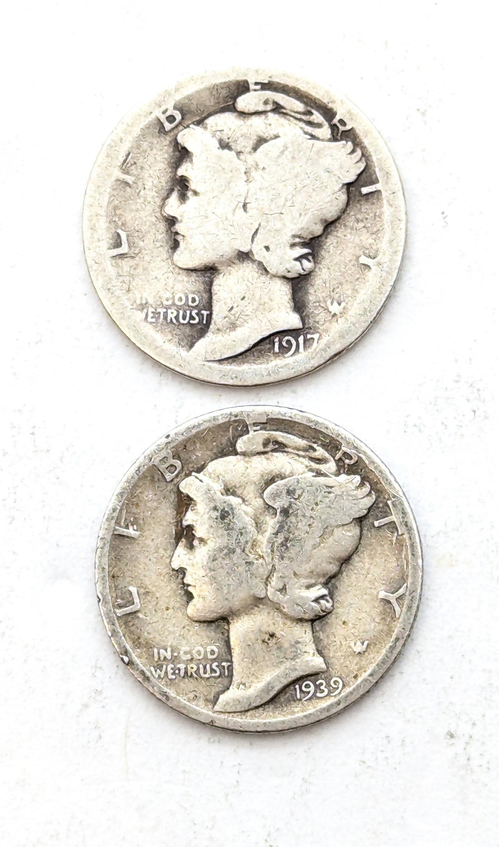 Lot of 2 Silver Mercury Dimes - 1917 and 1939D: Coin