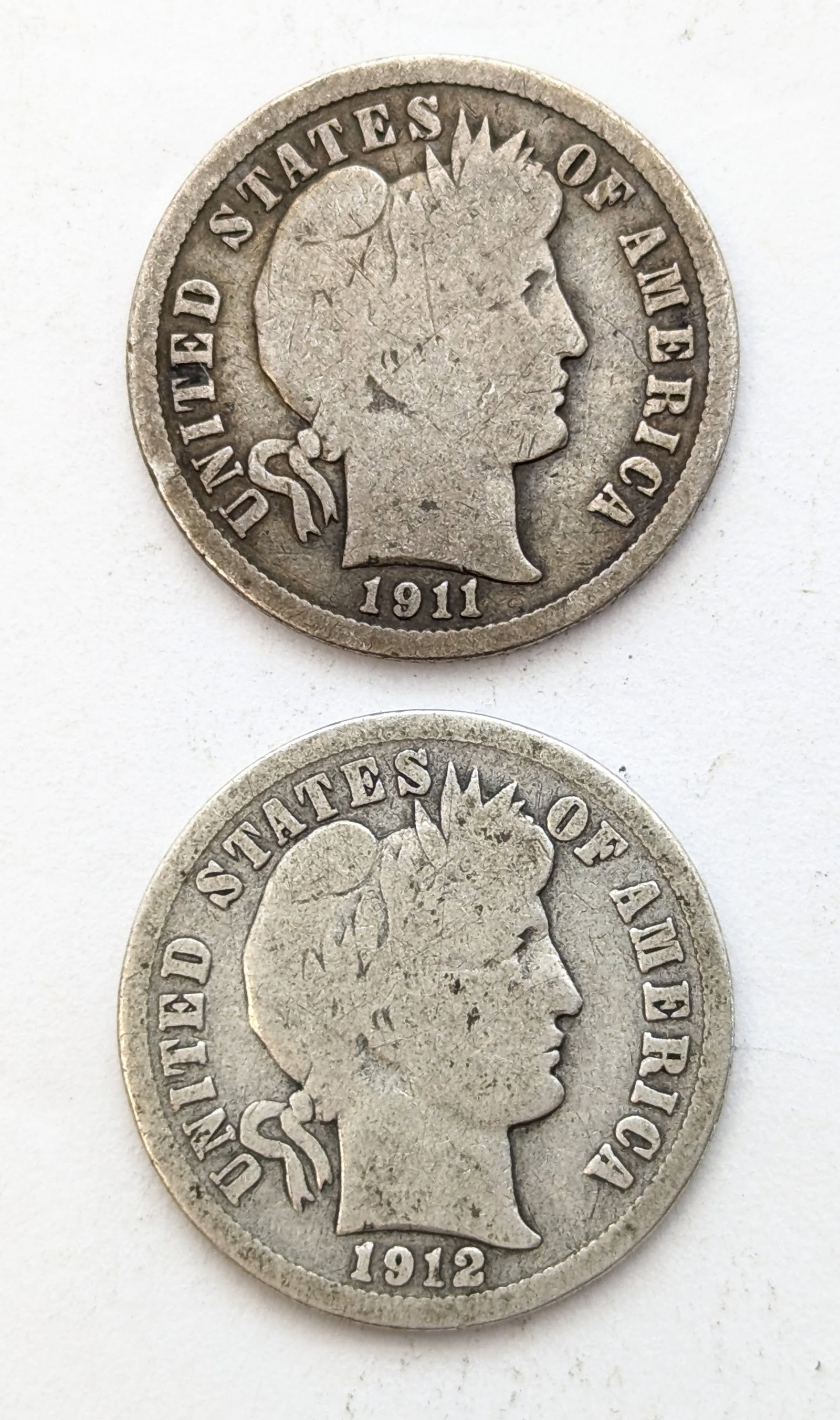 Lot of 2 Silver Barber Dimes - 1911 and 1912D: Coin