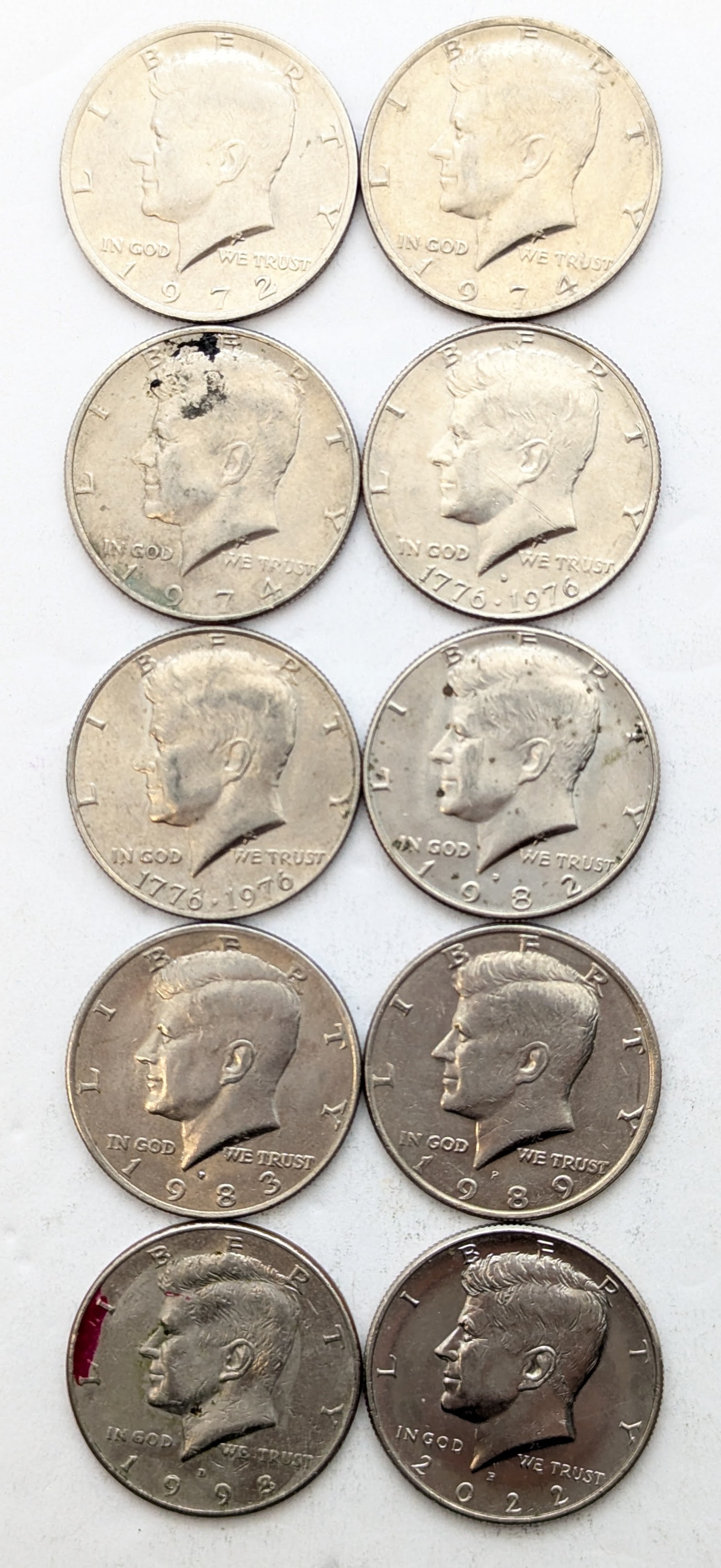Lot of 10 John F Kennedy Half Dollars- 1972-2022: Coin