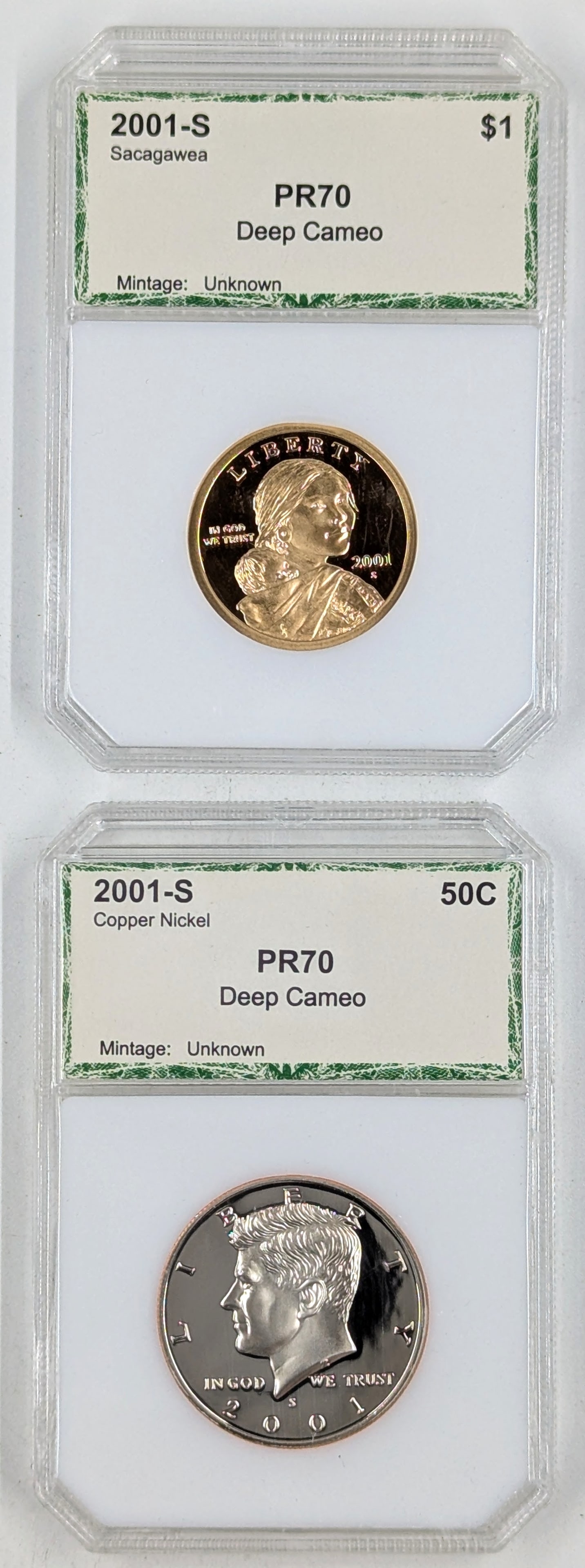 Lot of 2 Proof 70 Deep Cameo 2001-S Slabs - Sacagawea Dollar & JFK Half (1 of 2)