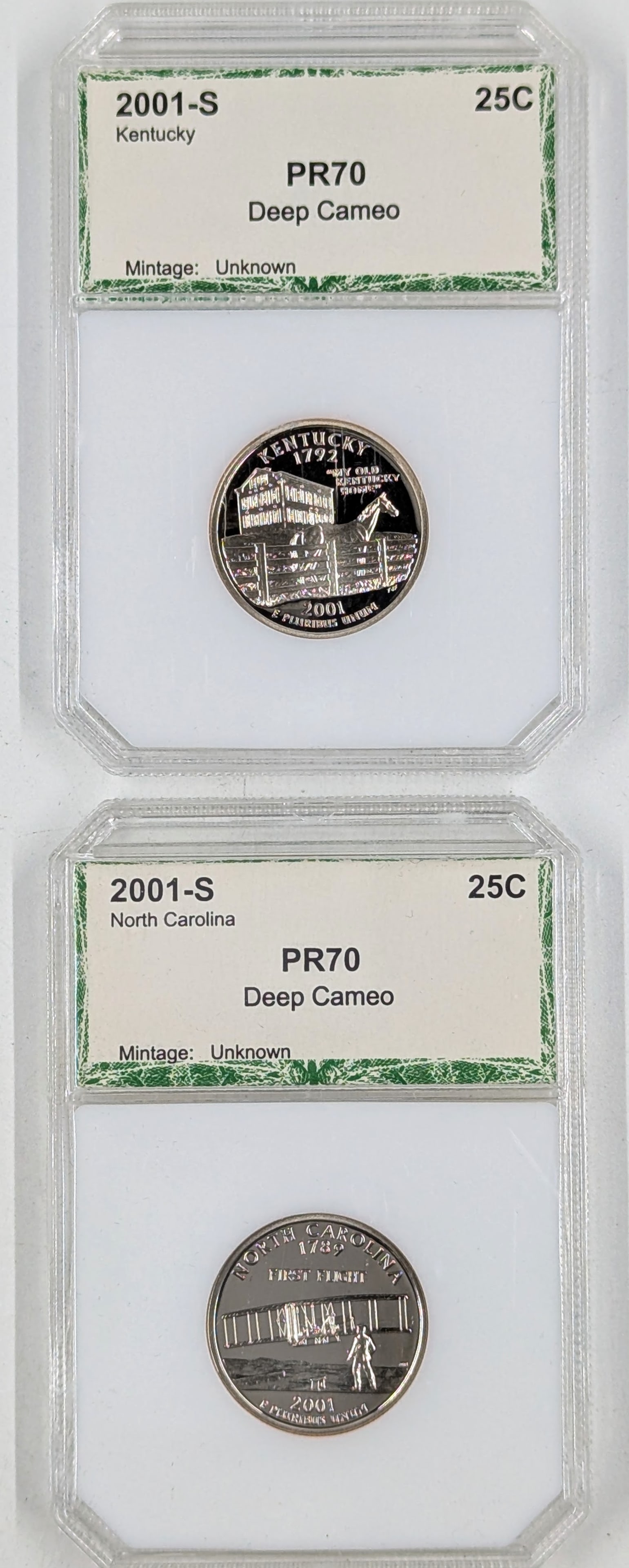 Lot of 2 Proof 70 Deep Cameo 2001-S State Quarters - Kentucky & North Carolina: Coin