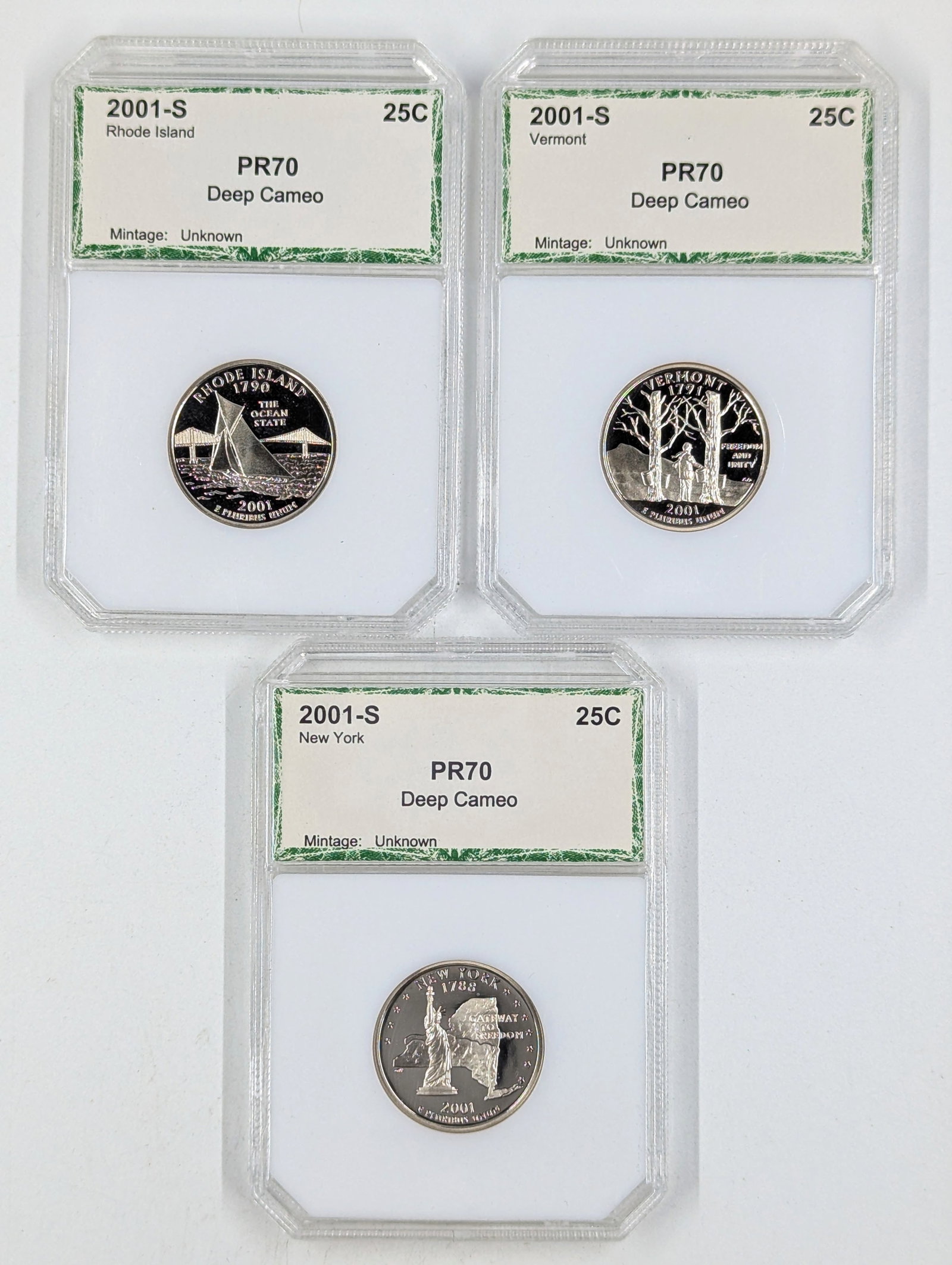 Lot of 3 Proof 70 Deep Cameo 2001-S State Quarters - Rhode Island, Vermont, New York: Coin