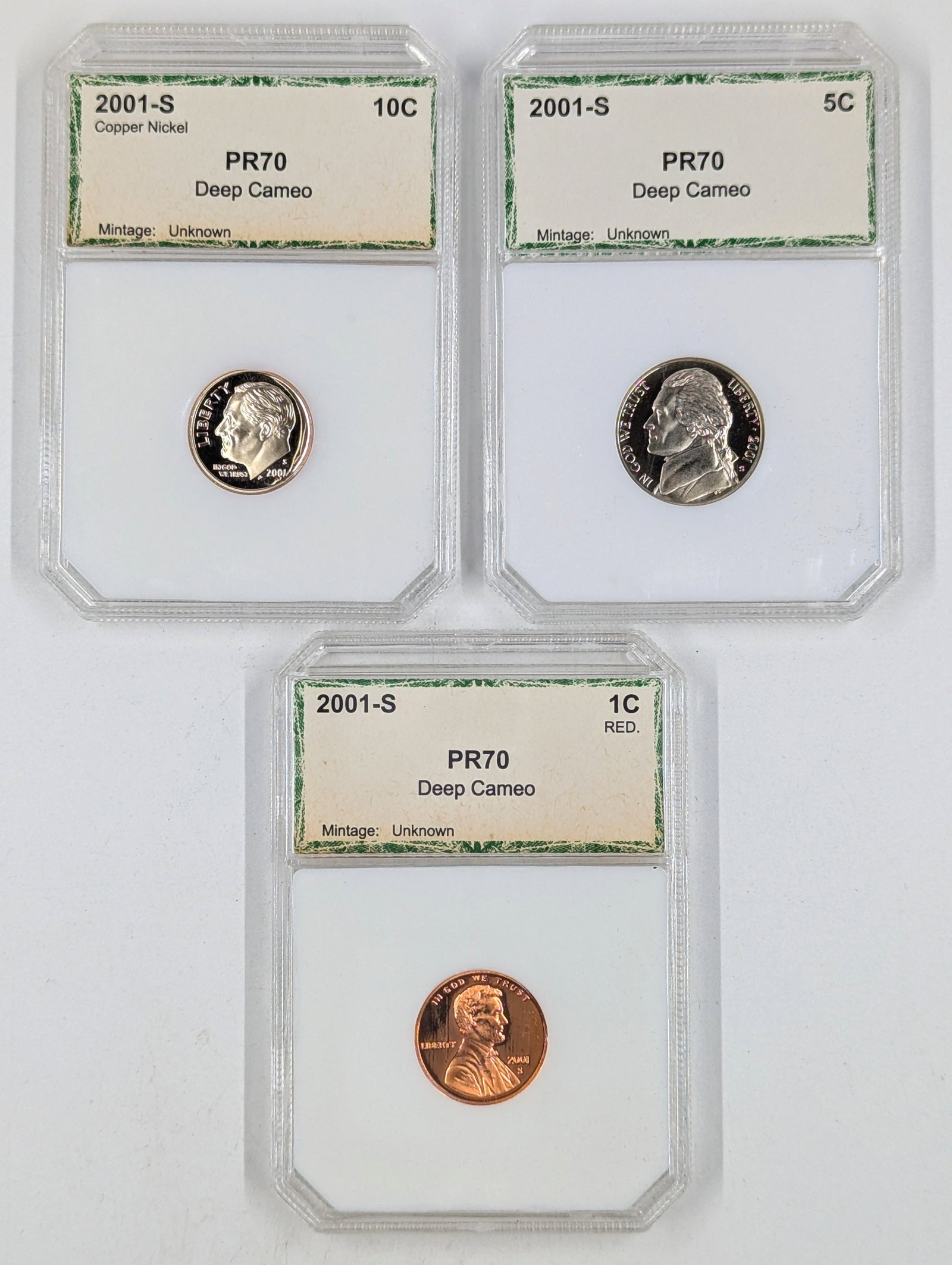 Lot of 3 Proof 70 Deep Cameo 2001-S Slabs - Rosey Dime, Jefferson Nickel, Lincoln Cent: Coin