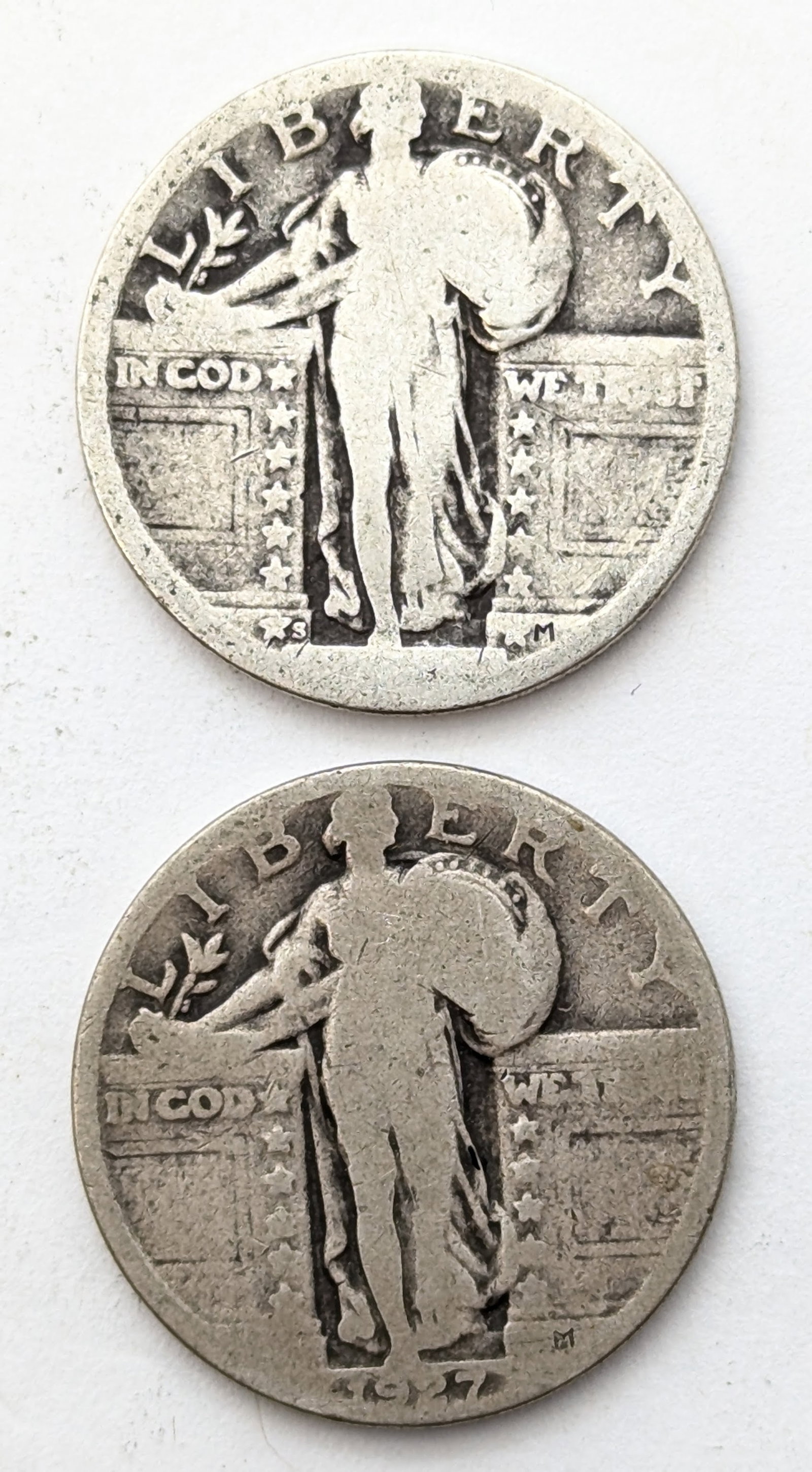 Lot of 2 Silver Standing Liberty Quarters - 1927 & No Date: Silver
