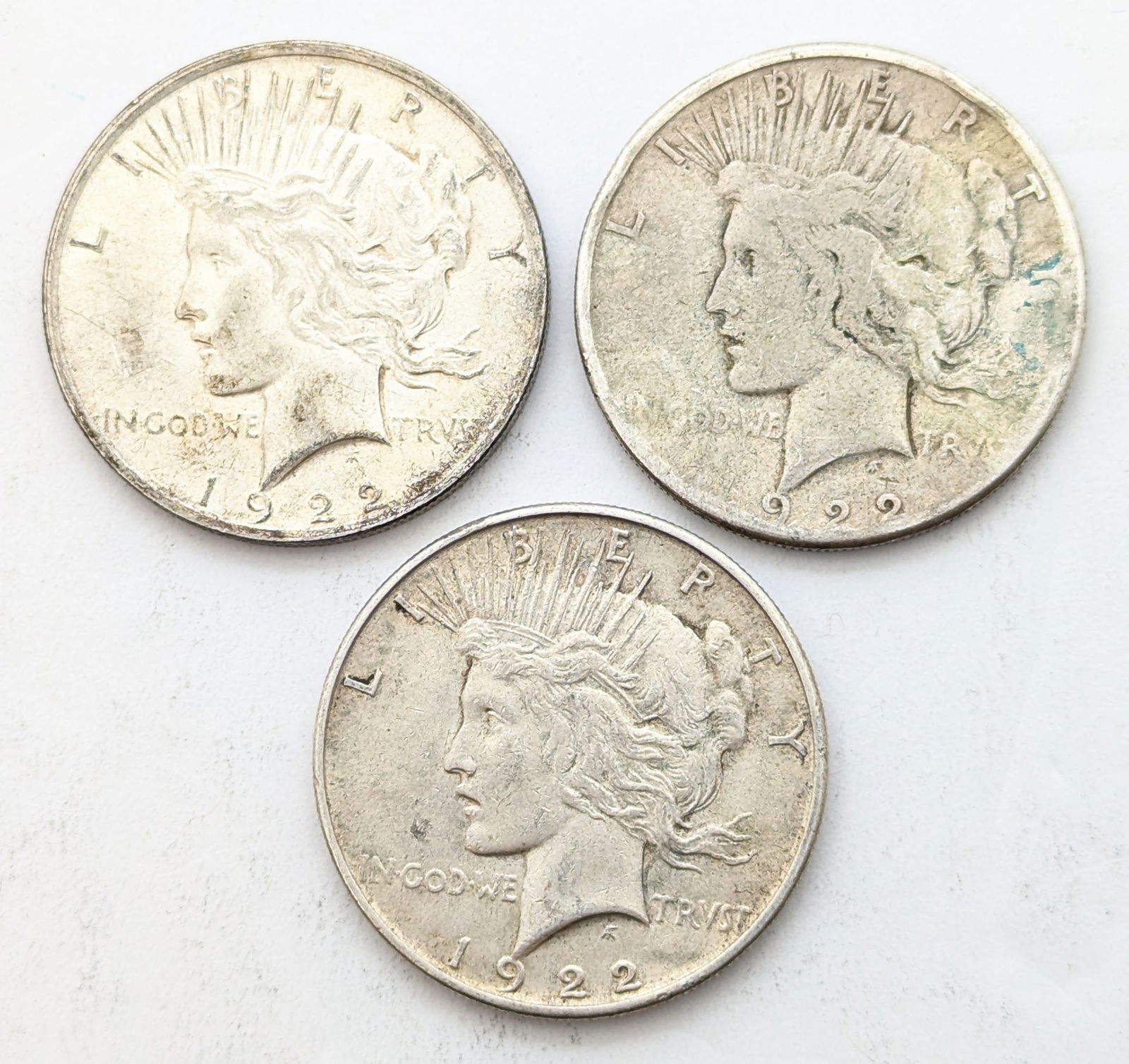 Lot of 3 Silver Peace Dollars 1922, 1922-S, and 1922 (1 of 2)