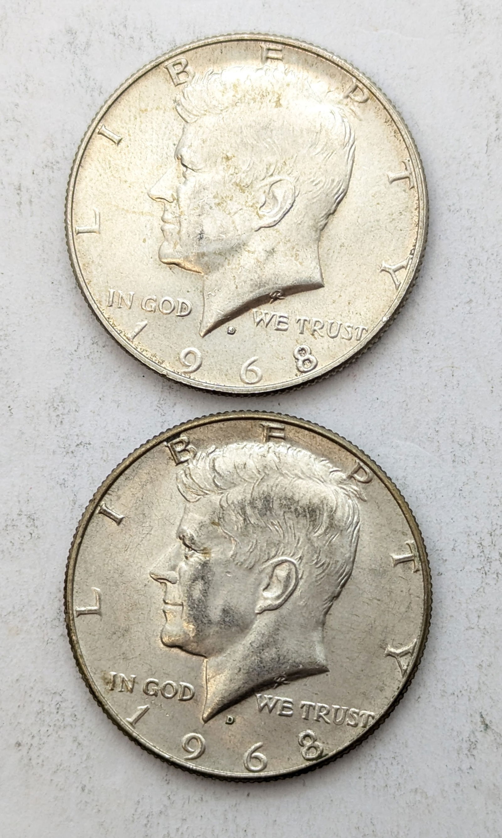 Lot of 2 Silver John F Kennedy Half Dollars - 1968-D(2): 40% Silver