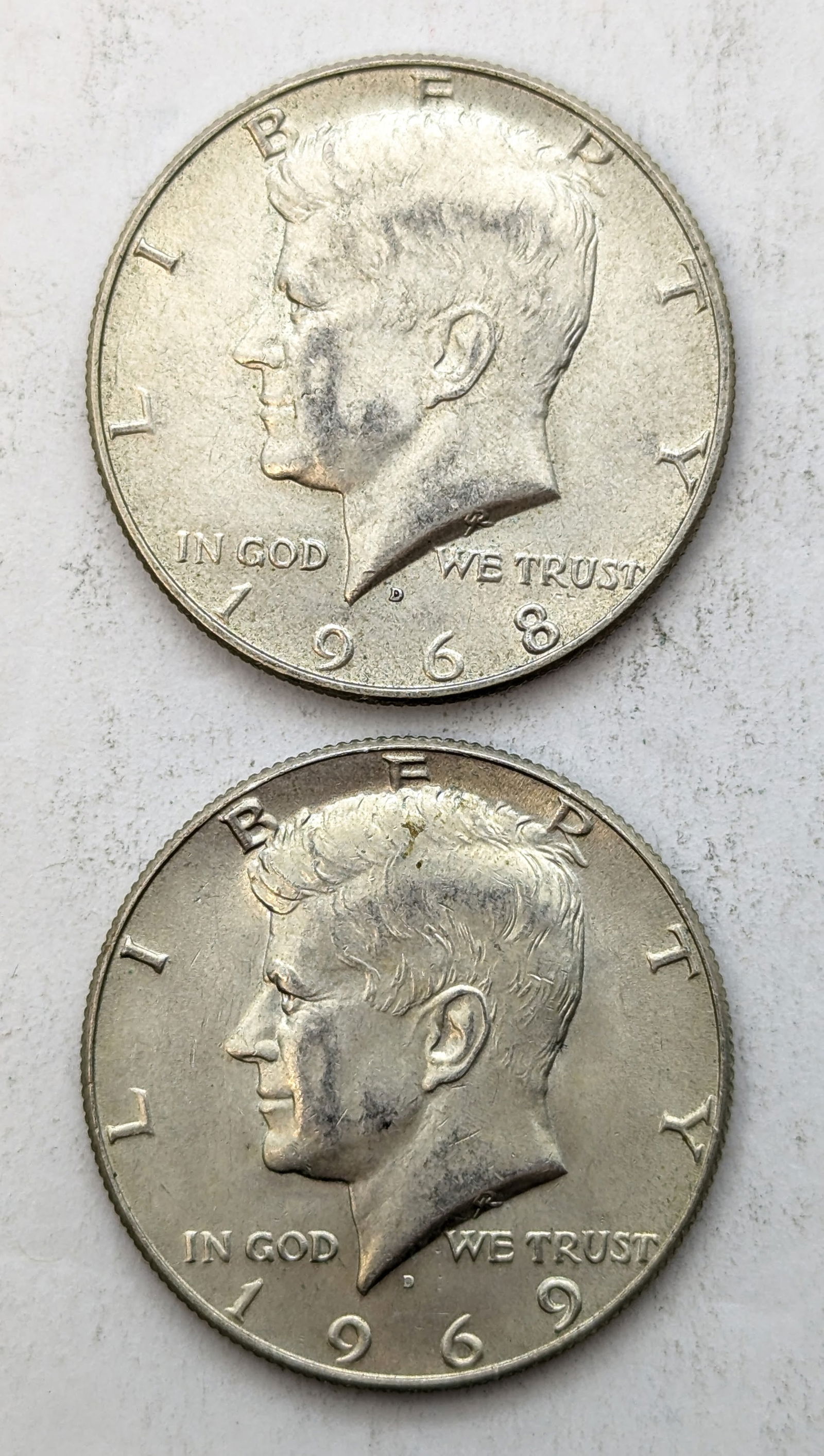 Lot of 2 Silver John F Kennedy Half Dollars - 1968-D, 1969-D (1 of 2)