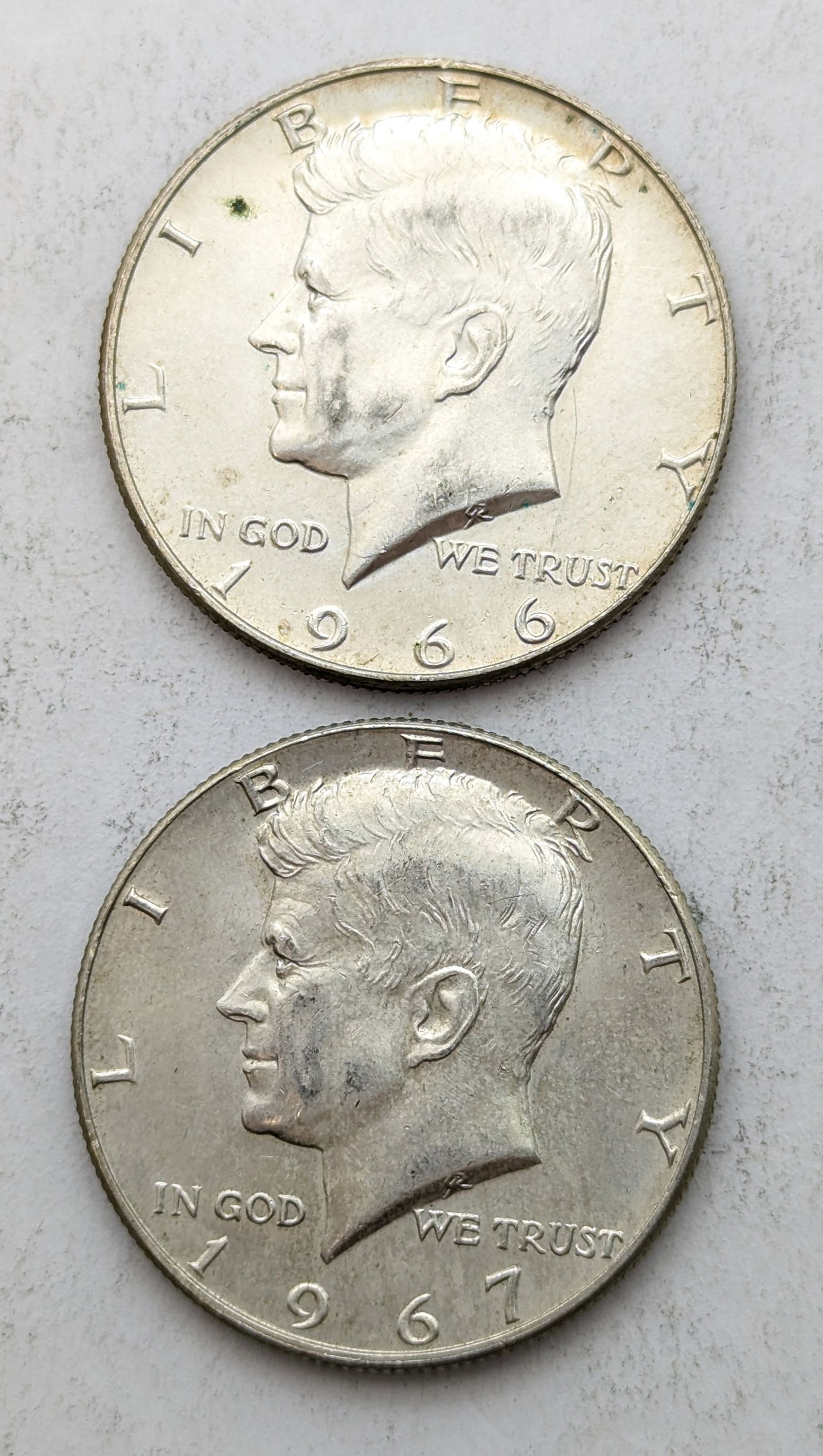 Lot of 2 Silver John F Kennedy Half Dollars - 1966, 1967: 40% Silver